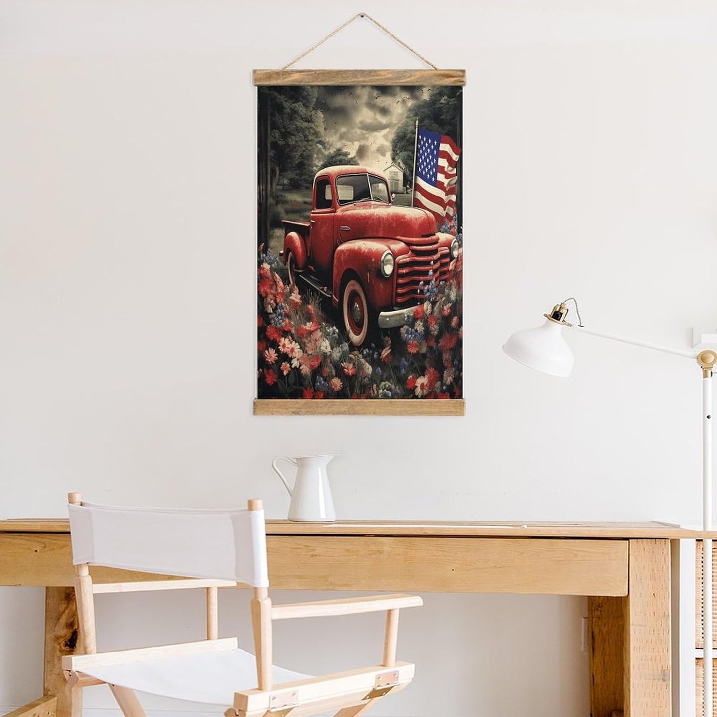 Vintage 4th Of July Patriotic Old Red Truck Poster with Wooden Frame Personalized Linen Hanging Scroll Painting Rustic Wall Hanging Illustrative Modern Artwork Decor for Home Living Room Bedroom Offic