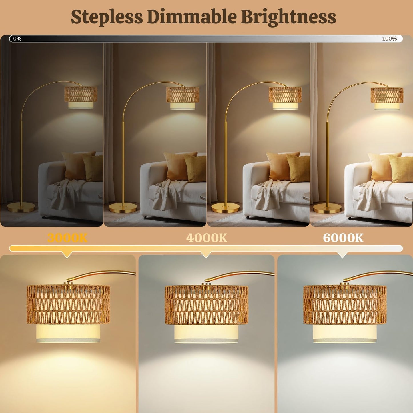 Gold Floor Lamps for Living Room, Arc Floor Lamp with Remote & Dimmable Bulb, Boho Standing lamp with 3 Color Temperatures, Adjustable Rattan & Fabric Shades Tall Lamp, Over Couch Reading Lamp