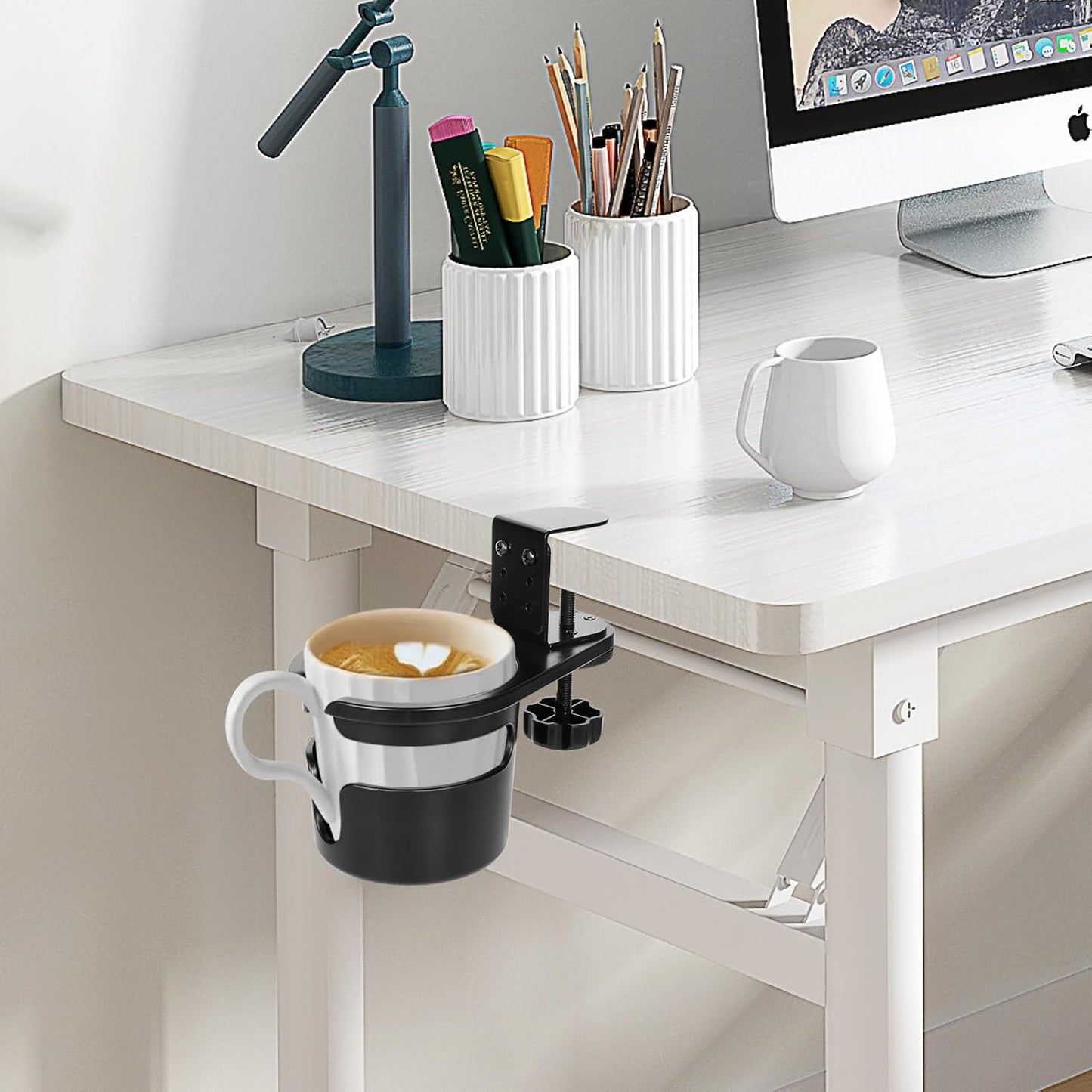 3-Stage Adjustable Desk Cup Holder Clamp, 360° Rotating Anti-Spill Tray for Water Bottles & Mugs, Heavy-Duty Under Desk Organizer for Office, PC Gaming & School, Black