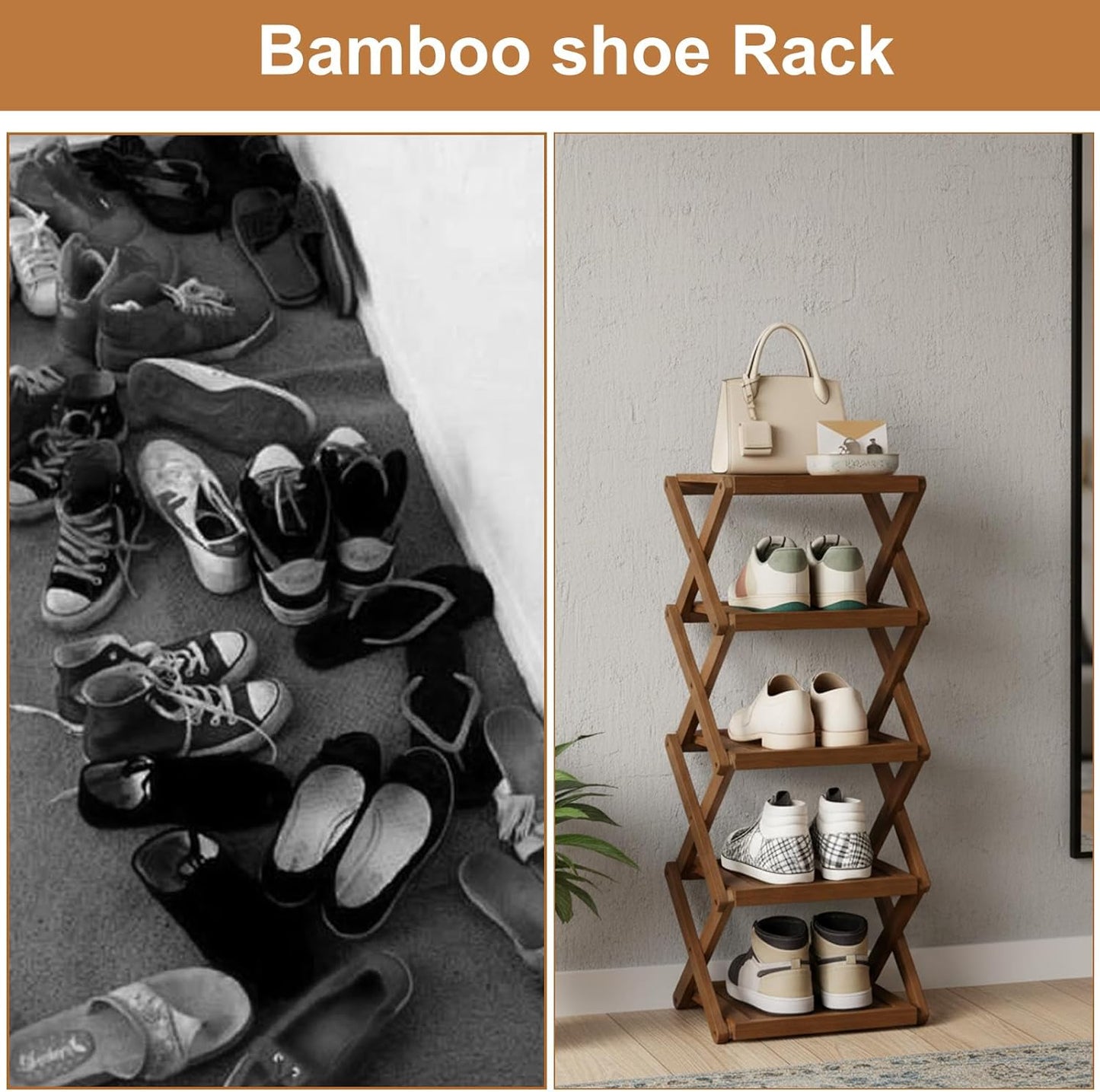 Simcat Bamboo Folding Shoe Rack for Entryway, Narrow Installation Free Dorm Closet Shoe Racks, Vertical Front Door Entrance Shoe Racks