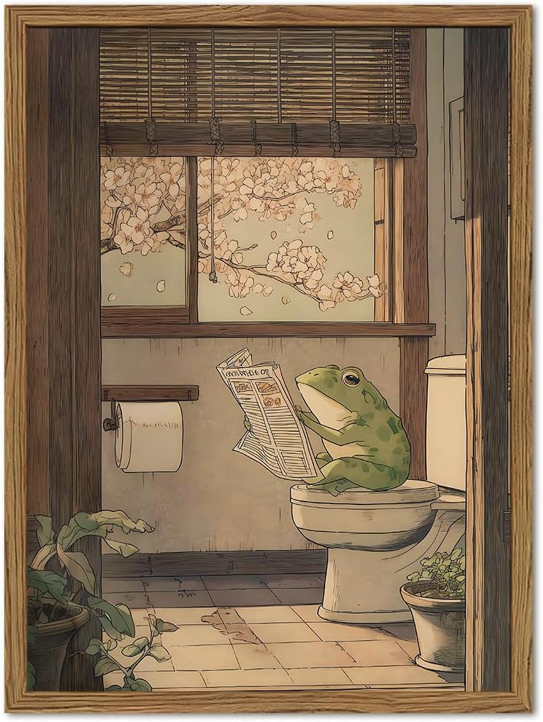 Funny Japanese Frog Bathroom Wall Art Whimsical Frog Reading Newspaper on Toilet Wall Decor Picture Vintage Animal Restroom Poster Canvas Painting Print 16x24 inch Wood Framed