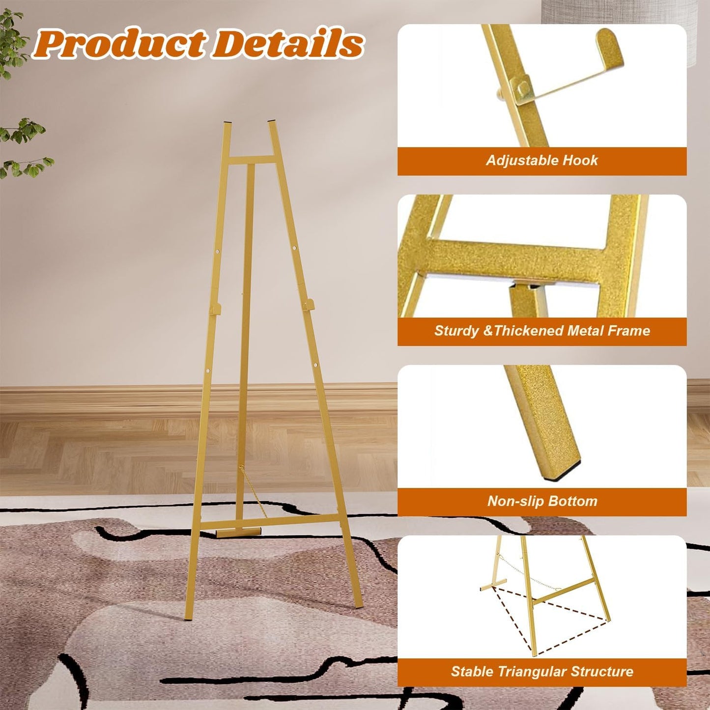 Large Easels for Display, Gold Decorative Metal Poster Easel Stand for Sign Wedding Welcome Sign Floor Stand with Adjustable Chain Support for Art, Picture Frame, Mirror (50" H)