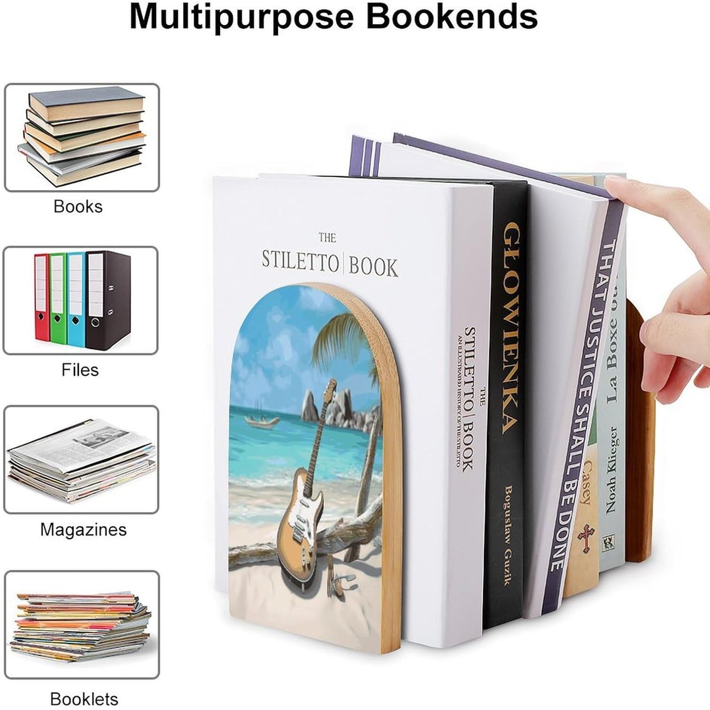 Non-Slip Bookend for Shelves Guitar on The Beach Wooden Bookends with Metal Base Decorative Book Stopper for Home Heavy Duty Wood Book Storage for Books/CDs