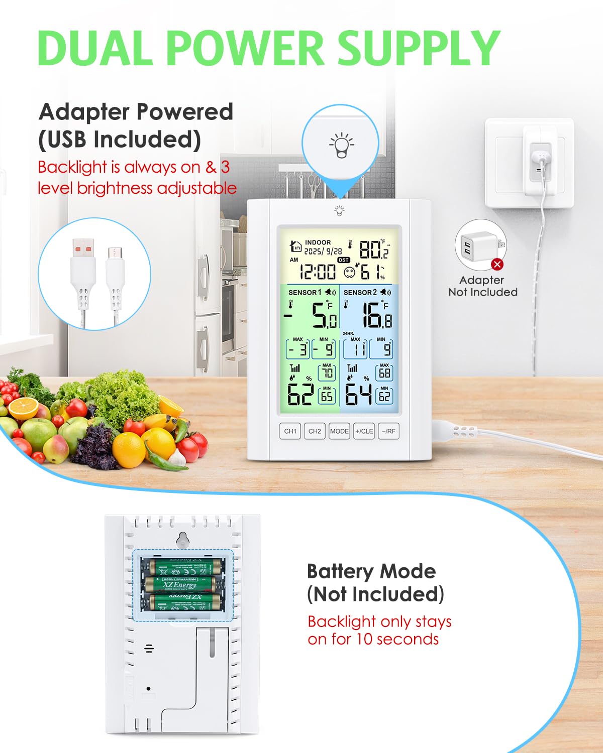 Wireless Freezer Thermometer with Alarm, Temracha Upgraded Digital Fridge Thermometer with Alert, Backlight, Rechargeable, MAX/MIN Record, Refrigerator Thermometer for Kitchen Home Restaurants