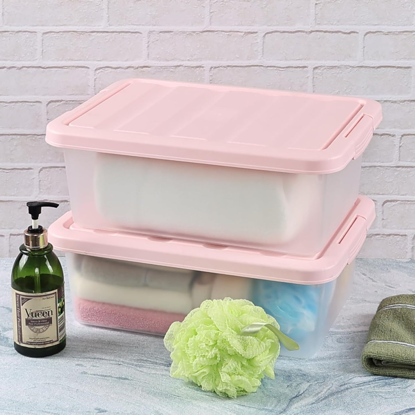 14 Quart Plastic Latching Storage Bin, Frosted Clear Storage Box with Pink Lid, 2 Pack