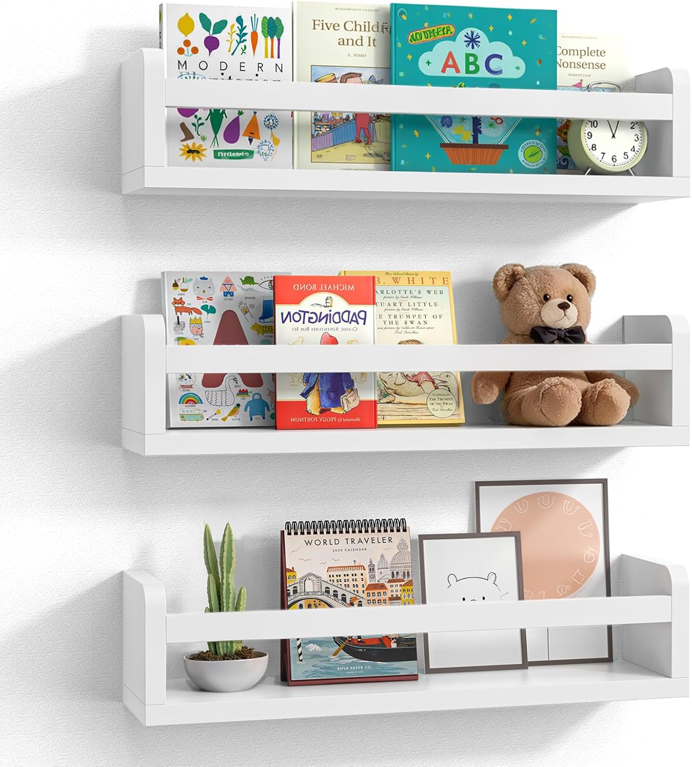 Floating Wall Nursery Book Shelves for Bedrooms Kids 16.5 Inch White Wooden Baby Book Shelf for Kids Rooms Set of 3 Nursery Shelves for Wall Mounted Toddler Bookshelf for Kids Wall