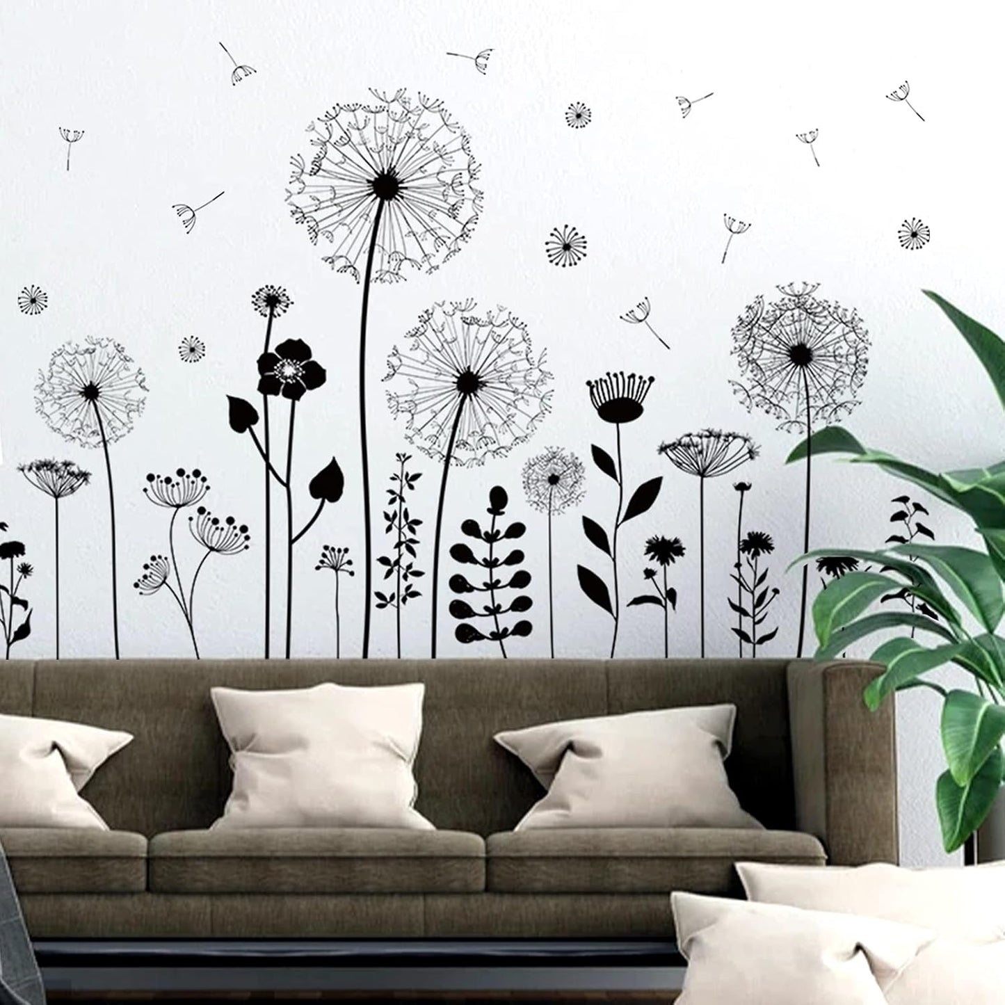 Large Dandelion Wall Stickers, Attractive Flying Flowers Wall Decals, Removable Plants Wall Décor, DIY Art Mural Vinyl for Bedroom Living Room Sofa Backdrop Classroom Decoration (Black)