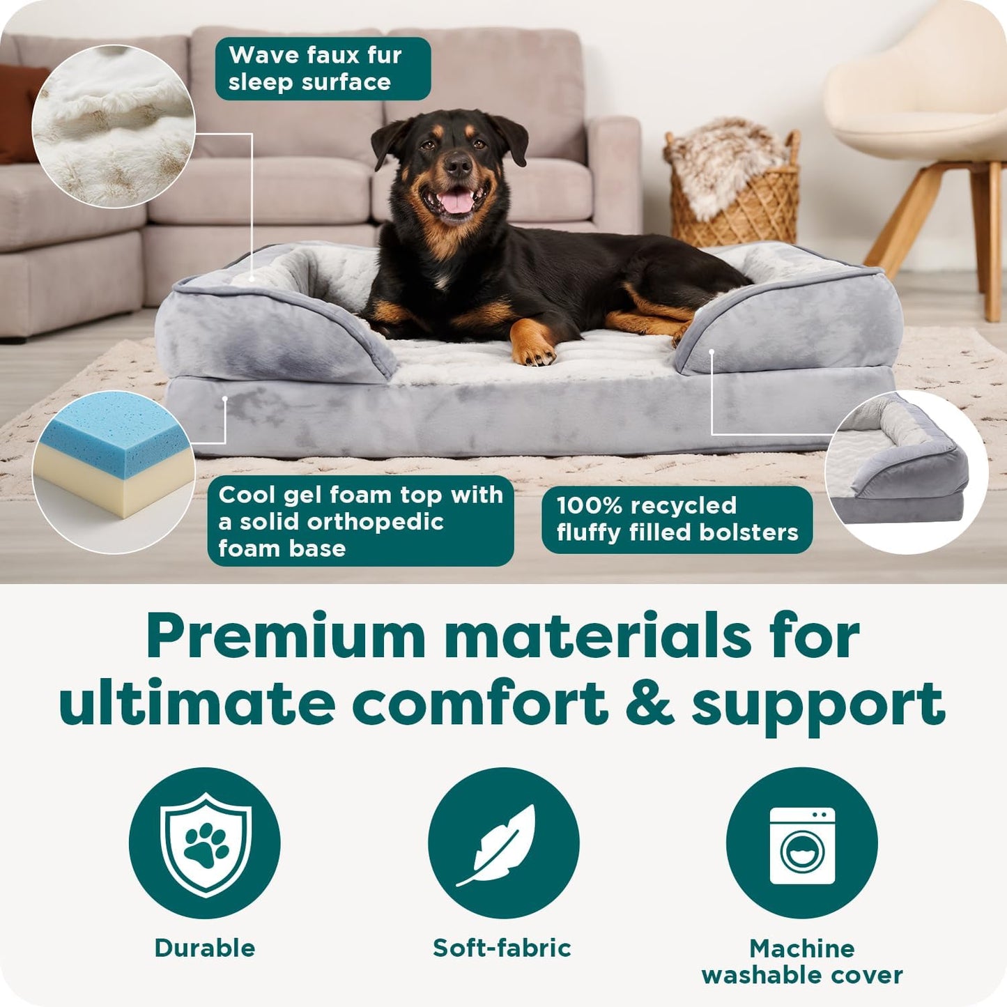 FurHaven Cooling Gel Dog Bed for Large Dogs, Perfect Comfort Sofa Bed with Cool Gel-Top Foam with a Solid Orthopedic Foam Base for Joint Support, Washable Cover, Jumbo XL, Plush & Velvet, Granite Gray