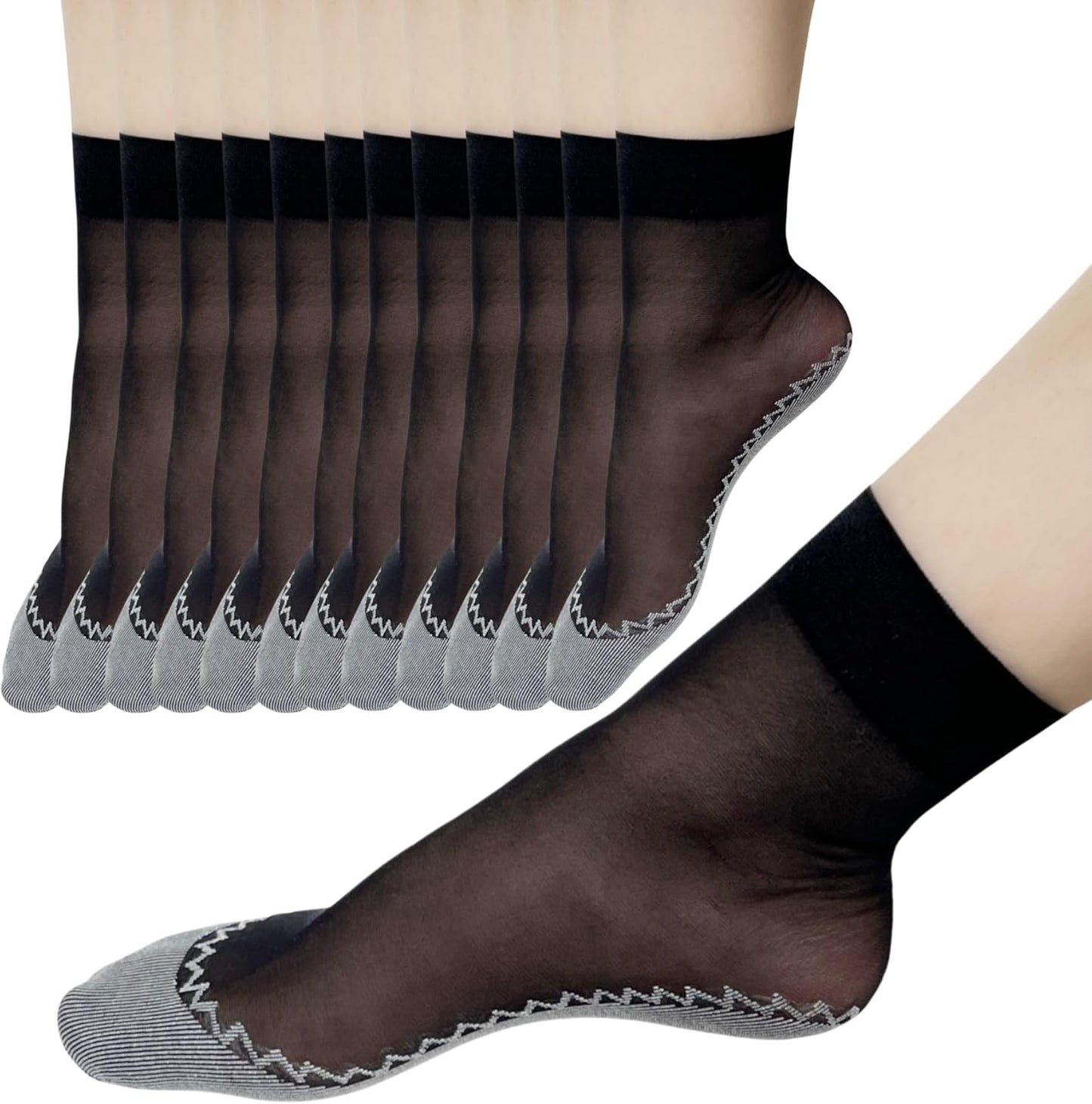 12 Pairs Nylon Socks for Women, Antil-Slip Thin Ankle High Tight Socks w/Reinforced Sole and Toe, by Daisy&Dino