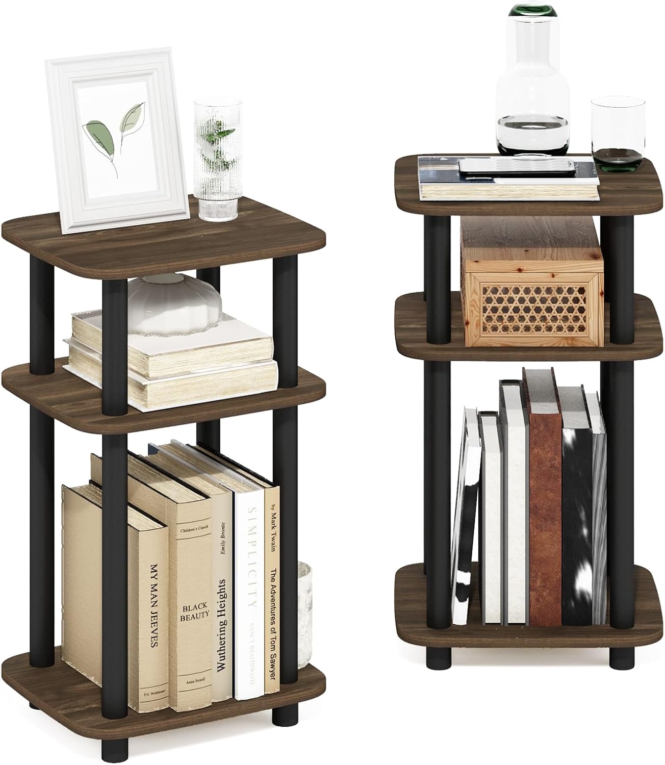 Furinno JUST Side Table Set of 2, 3-Tier Turn-N-Tube End Table with Open Shelf, Round Curve Corner Night Stand, Bedside Table, Easy Assembly, for Living Room, Bedroom, Columbia Walnut