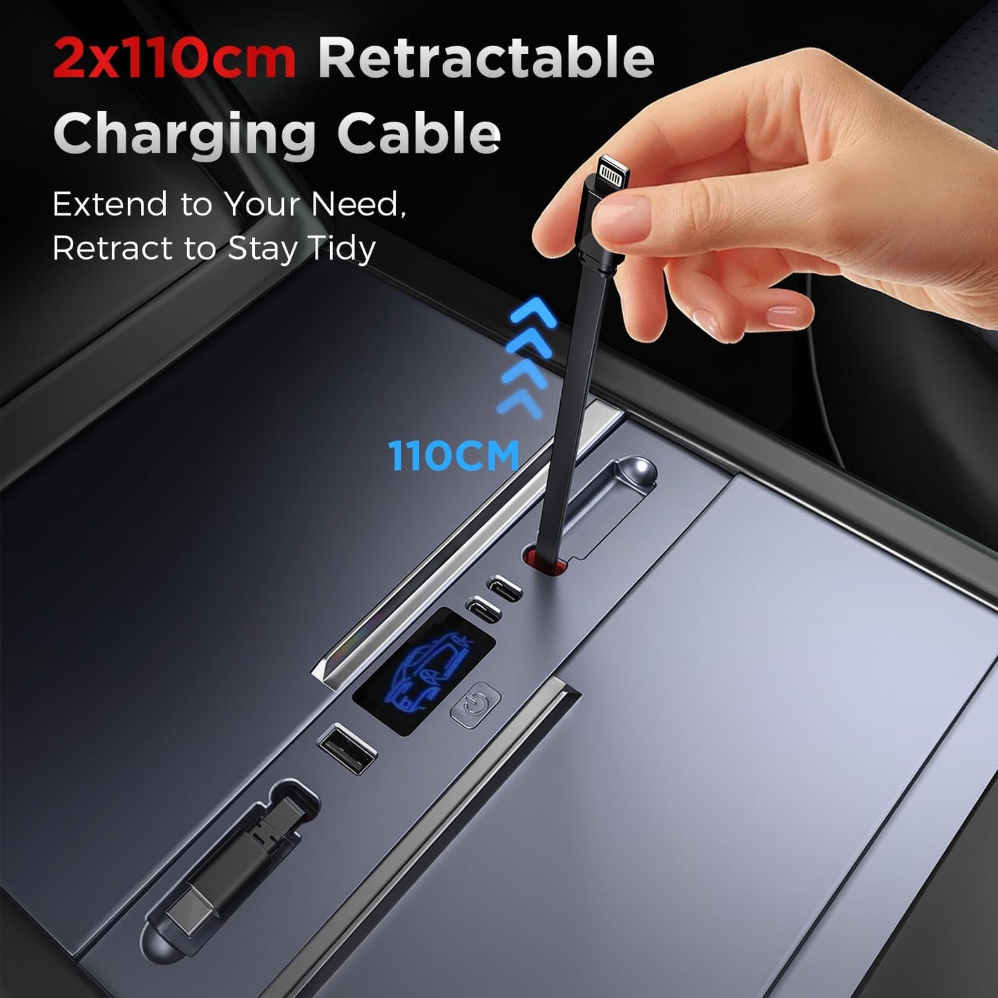 65W USB Charger Hub for Tesla Model Y Juniper 2026 & Model 3 Highland 2024 2025 Accessories, Fast Charging with Retractable Cables, 5-Port USB Charger Docking Station fit Tesla Center Console
