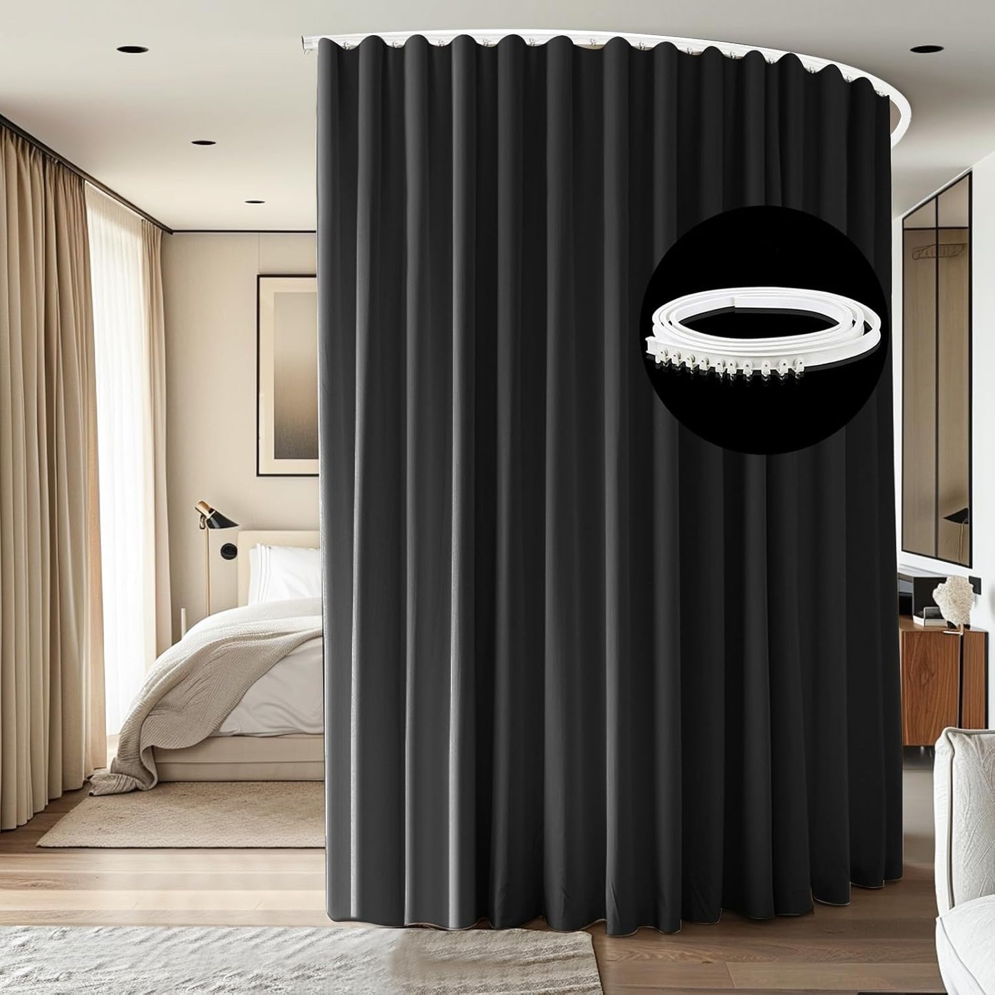 Room Divider Ceiling Mounted Curtains Track Sets Extra Wide Blackout Curtain Flexible Tracks for Bedroom Privacy Partition Separator, 1 Panel Black Drape and White Rail, W8.3 x H8ft