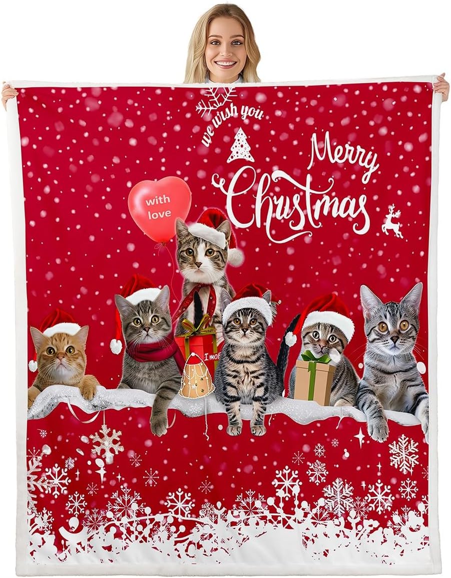 Merry Christmas Cat Fleece Throw Sherpa Blanket Xmas Snowflake Pet Sherpa Cute Kitten Print Plush 3D Animal Red White Warm Fuzzy 60"x80" Twin Bedroom Decor