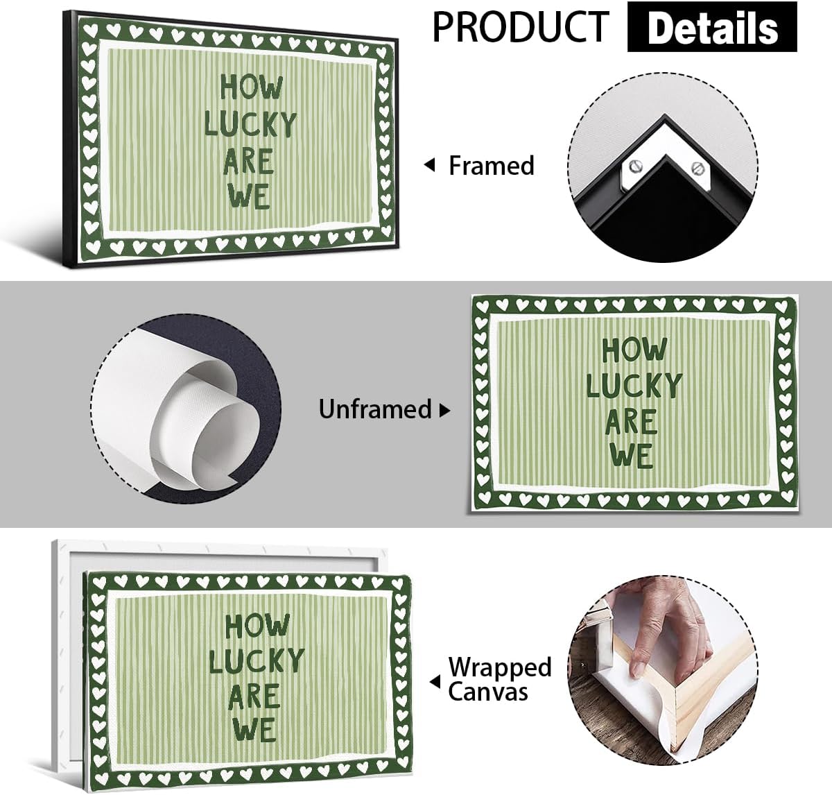 Wodkodnxy How Lucky Are We Canvas Wall Art, Sage Green Stripe Quote Poster, Daily Positive Affirmations Wall Decor, Lovely Hearts Pictures Print, Preppy Typography Picture for Dorm 12x16in Unframed