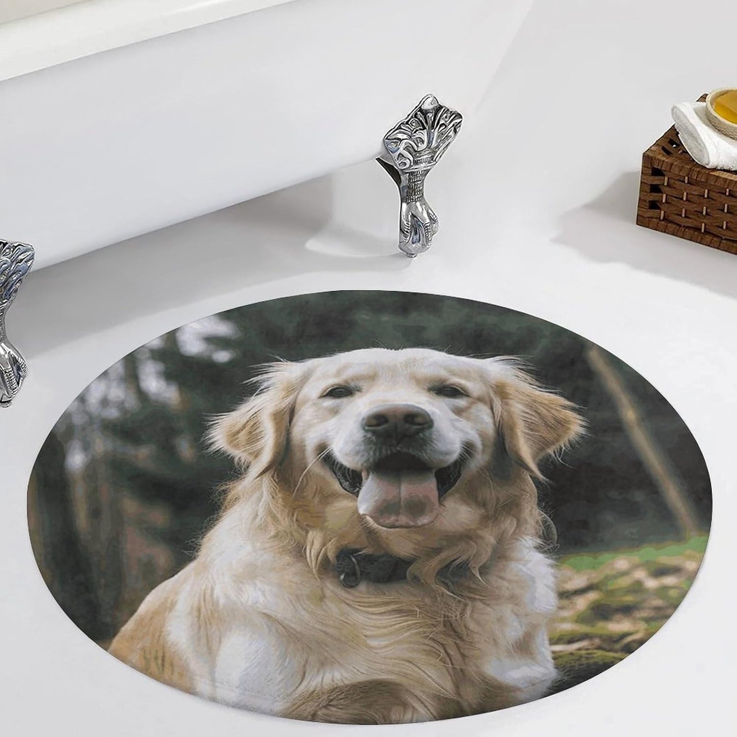 Funny Golden Retriever Circle Rug Retro Luxury Coral Velvet Floor Mat Non Slip Soft Indoor Floor Carpet Comfy Thickened Area Rugs Modern Aesthetic Minimalist Carpets for Home Decor