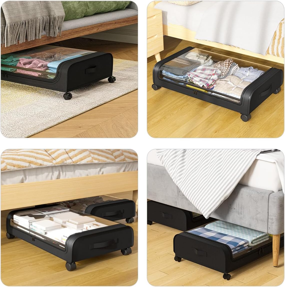 PRETYZOOM Bed Organizer Storage Box with Wheels, Lid, Black Plastic Sturdy Multi-functional Bedroom Storage Cart for Clothes and Books Dustproof