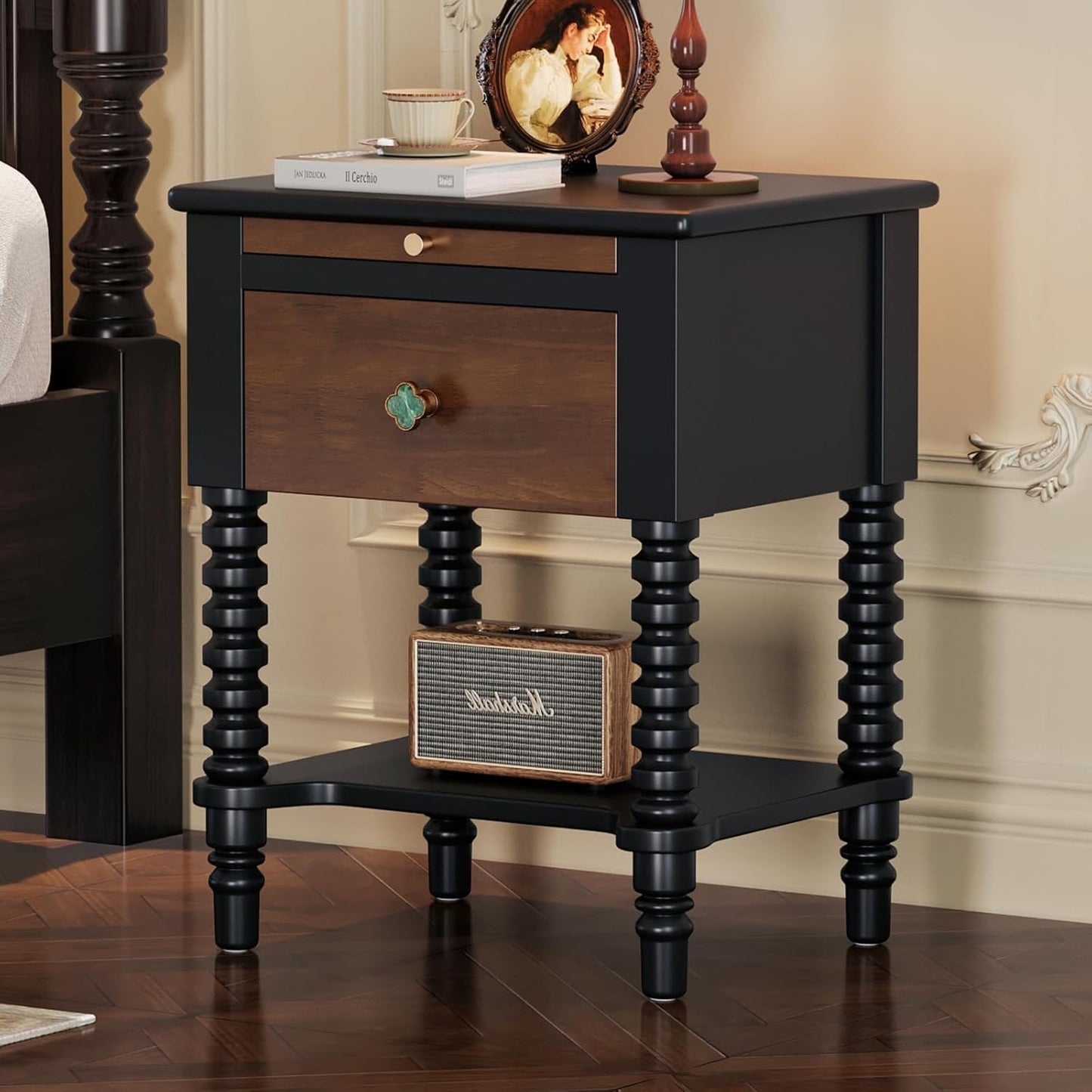 Wooden Mid Century Modern Nightstand Bedside Table with Drawers, Vintage Solid Wood End Side Table for Bedroom Living Room, Black-Walnut