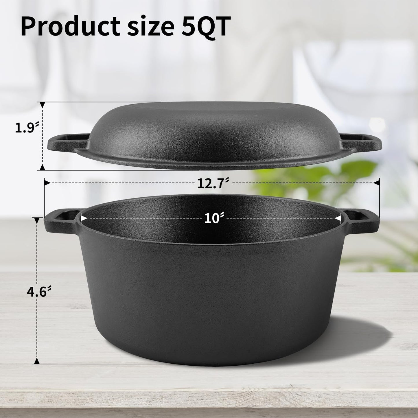 2-in-1 Pre-Seasoned Cast Iron Dutch Oven with Skillet Lid,Oven,Grill,Campfire&Stovetop Safe,Durable Black Cookware Sets with Dual Handles,Cast Iron Skillets for Sourdough Bread baking,Frying,Camping,BBQ,5QT