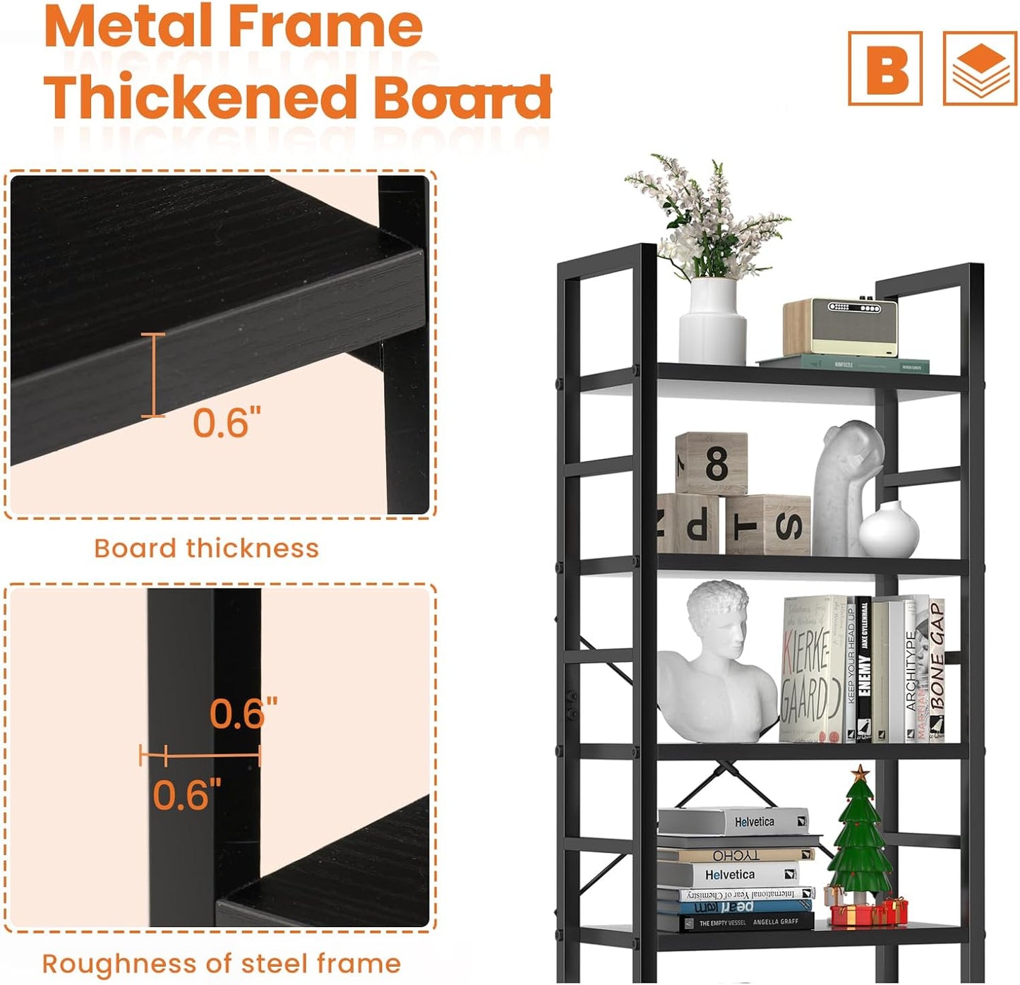 Sweetcrispy Book Shelf, 5 Tier Bookcase, Modern Tall Bookshelf for Garage Kit, CDs, Movies, Industrial Corner Storage Organizer for Bedroom Home Office Kitchen Living Room, Black