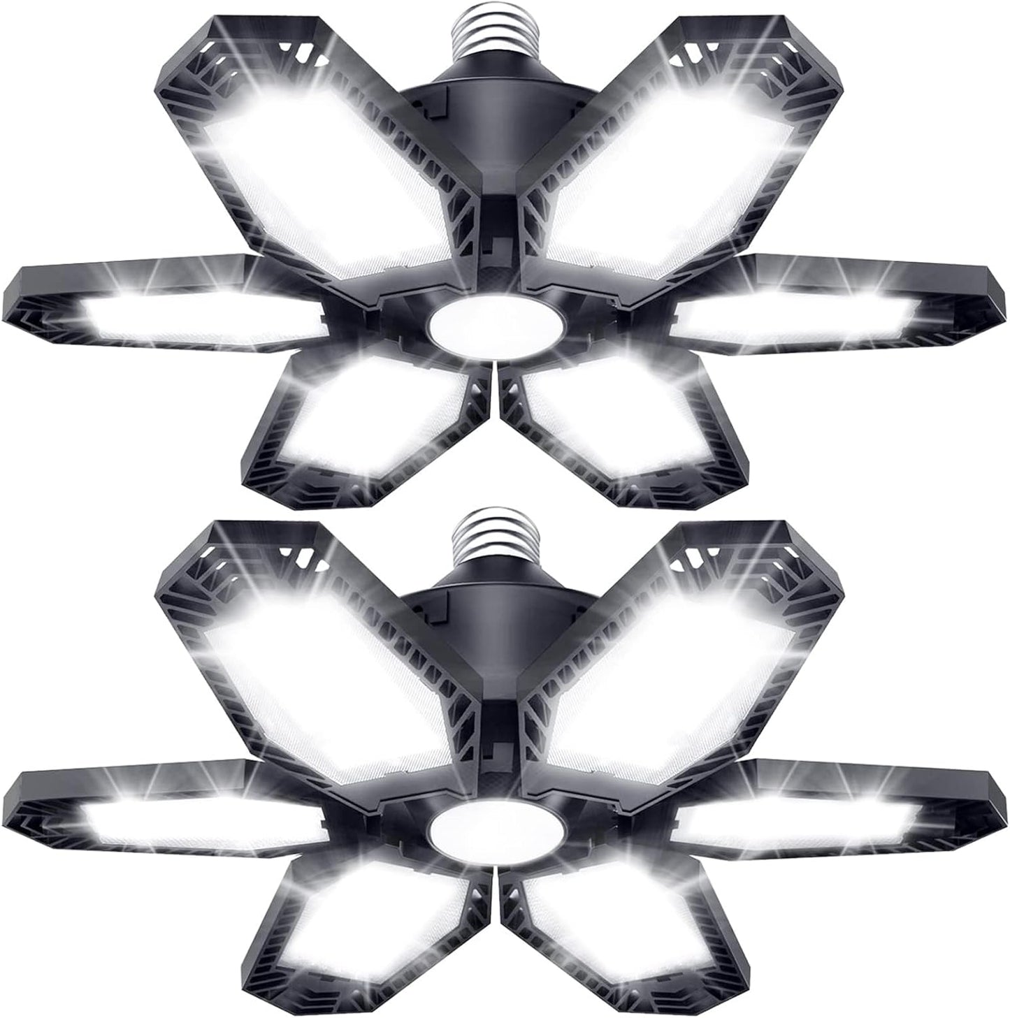 TANBABY 2 Pack LED Garage Lights, 150W Deformable Garage Light Bulb, Total 30000LM 6500K Daylight, 6+1 Adjustable Panels, E26/E27 Screw-in Ceiling Light for Basement, Gift for Men