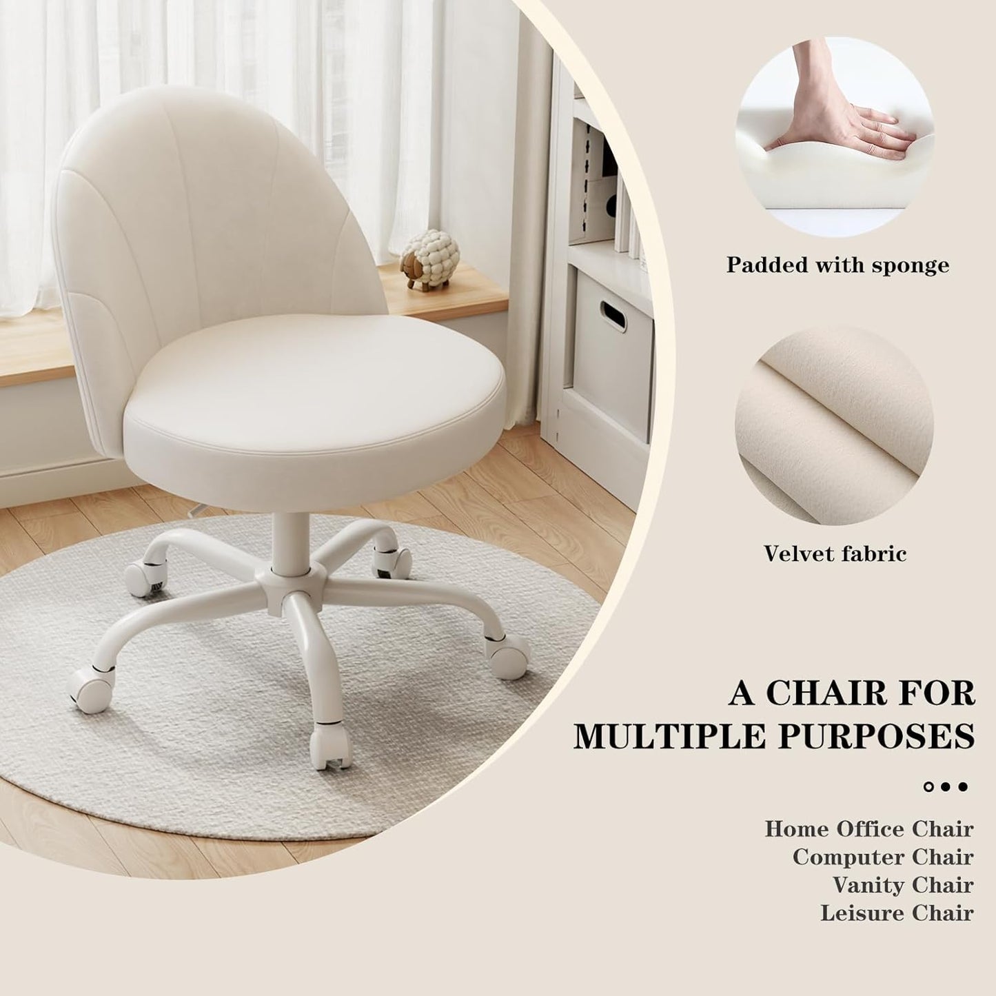 Velvet Vanity Chair with Wheels, Height Adjustable Swivel Makeup Chair, Armless Small Desk Chair for Bedroom/Office/Vanity Table, 250 lbs Capacity (Velvet, White)