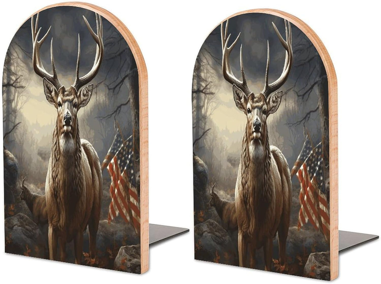 Deer Hunting Season Bookend for Shelves Wooden Book End Large Size Sturdy Book Holders Stoppers with Metal Base for Bookshelves Slick Decorative Bookends Stands