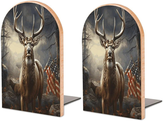 Deer Hunting Season Bookend for Shelves Wooden Book End Large Size Sturdy Book Holders Stoppers with Metal Base for Bookshelves Slick Decorative Bookends Stands