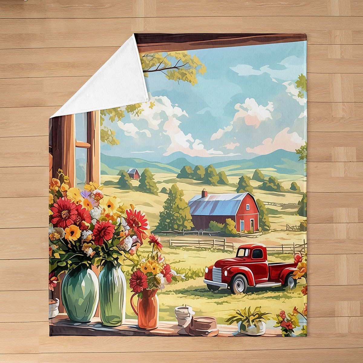 Rustic Farmhouse Style All Season Bed Blanket Red Truck Barn Plush Throw Blanket,Blooming Flowers Home Decorative Flannel Blanket Green Blue Red Blanket for Sofa Couch 60"x80"