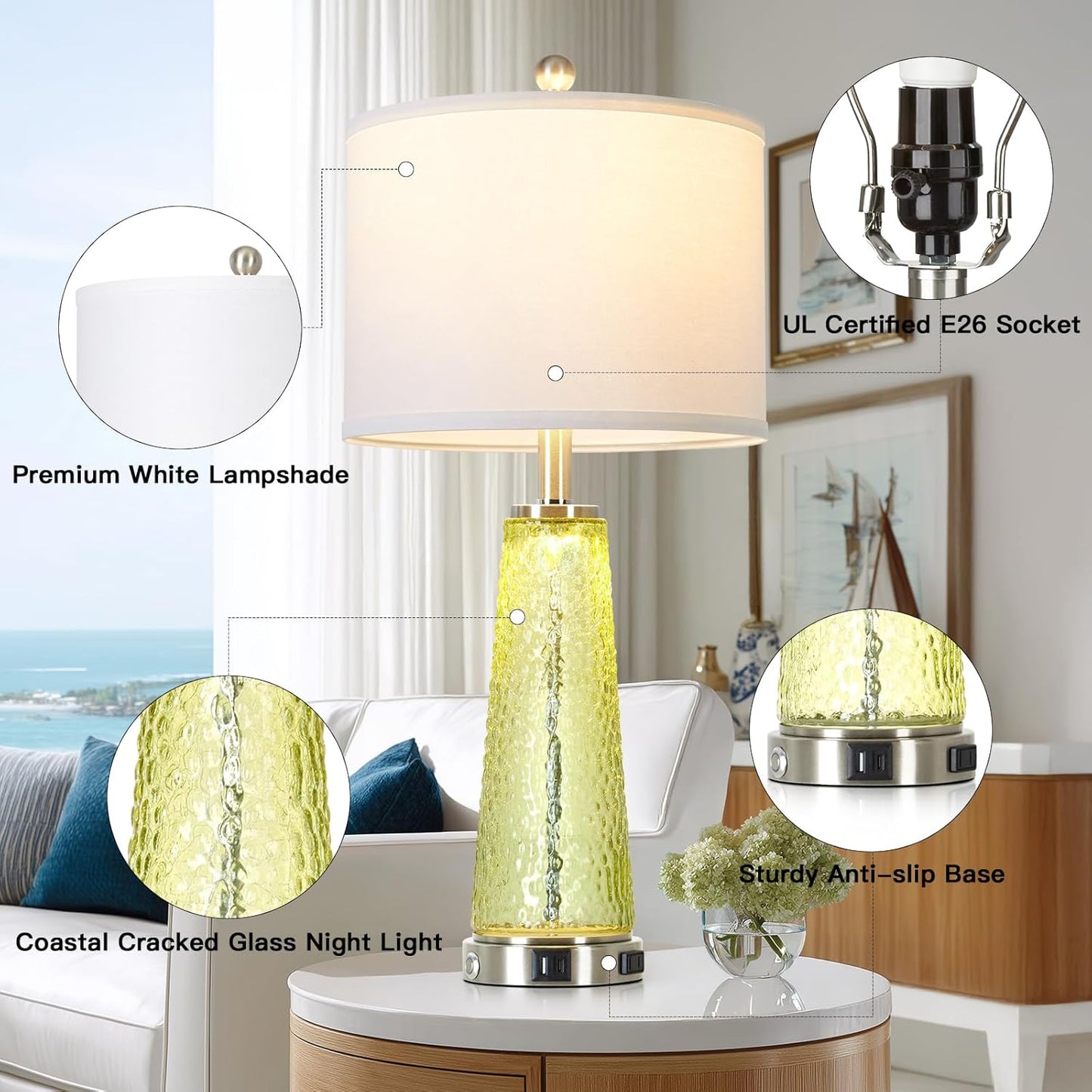 26" Gold Glass Table Lamps for Living Room Set of 2, Modern Bedside Lamp with USB A+C Ports & AC Outlet, Coastal Cracked Glass Nightstand Lamps with 2 LED Night Light for Bedroom End Table Amber Decor