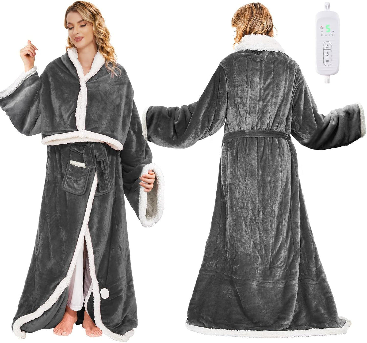 Electric Heated Blanket - Wearable Heated Blanket Throw with Foot Pockets, Sleeves Flannel & Sherpa Wearable Blanket 8 Heating Levels & Timer Snuggle Blankets for Home Office -50*60" Robes for Women