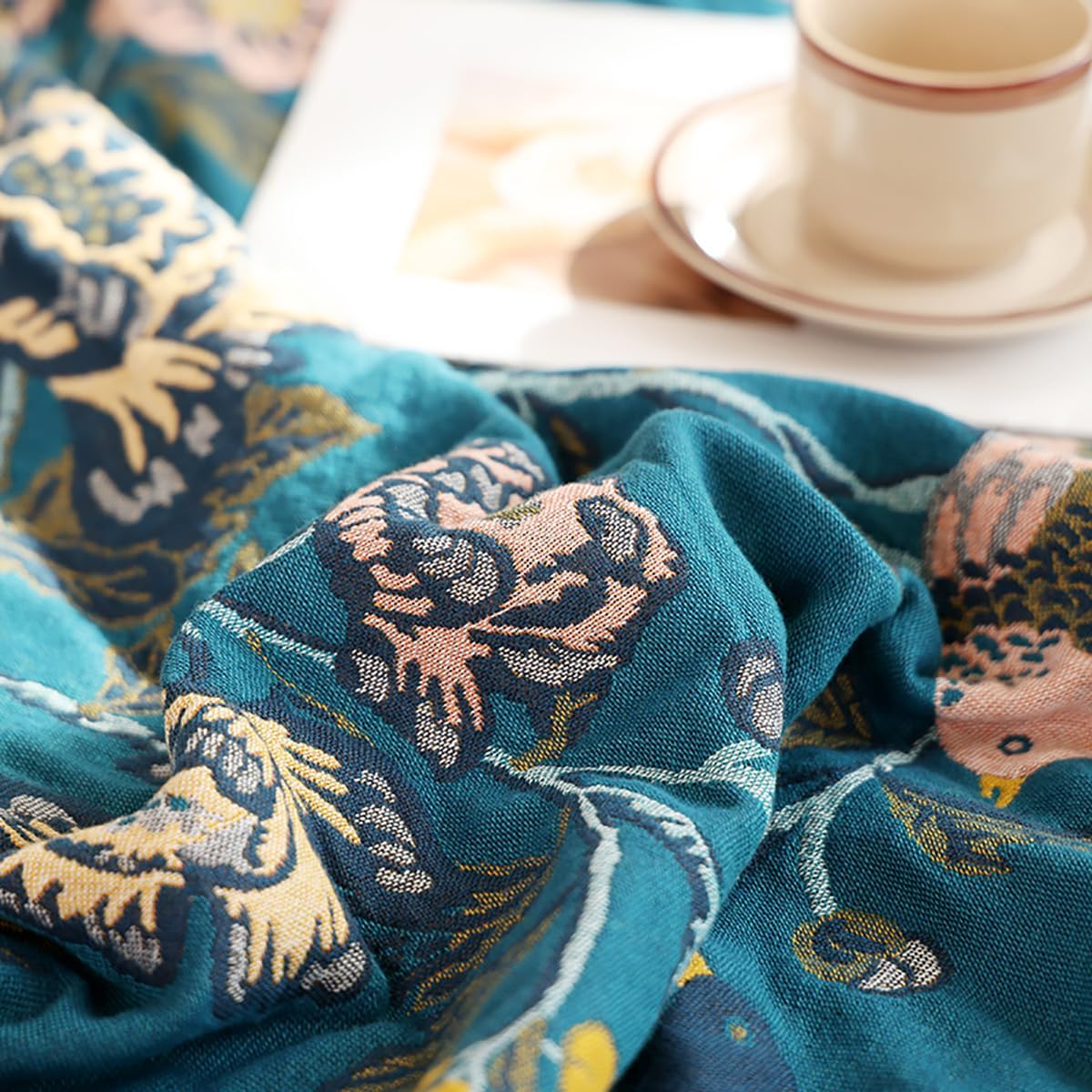 Muslin Blanket 80 x 90 in 4-Layer Gauze Cotton Blanket for Adults, Soft Breathable Summer Cooling Blanket, Boho Floral Lightweight Bed Blanket for Couch Sofa (Flowr Branch Teal, 80 x 90 in)