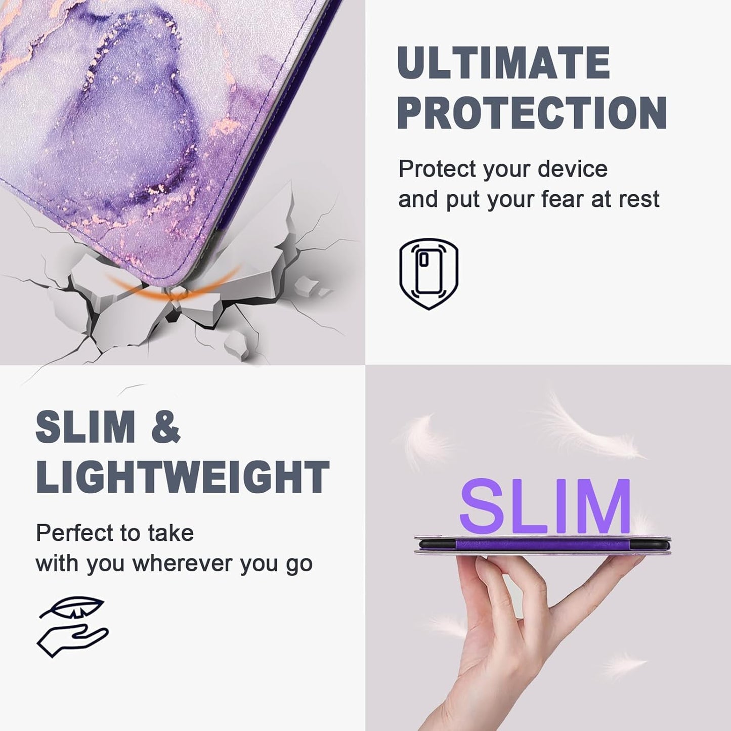 Caweet Case for Kobo Clara Colour/BW 6 Inch 2024 Release, Premium PU Leather Foldable Stand Protective Sleeve Cover with Card Slot and Hand Strap, Lilac Marble