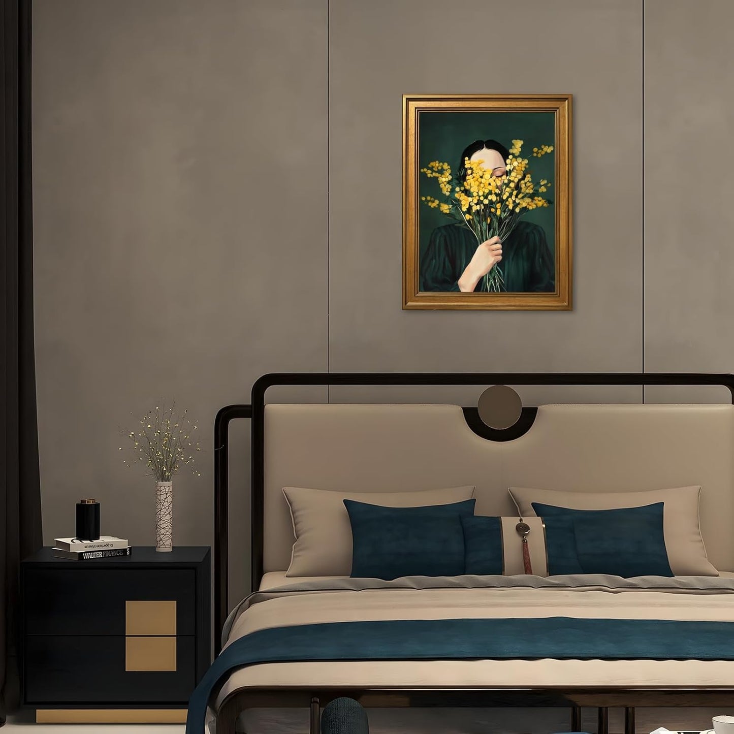 Large Framed Woman Portrait Canvas Wall Art Vintage Dark Moody Goldenrod Floral Feminist Painting Poster Victoria Female Yellow Flower Nature Emerald Green Artwok Prints Home Decor 24x36inch