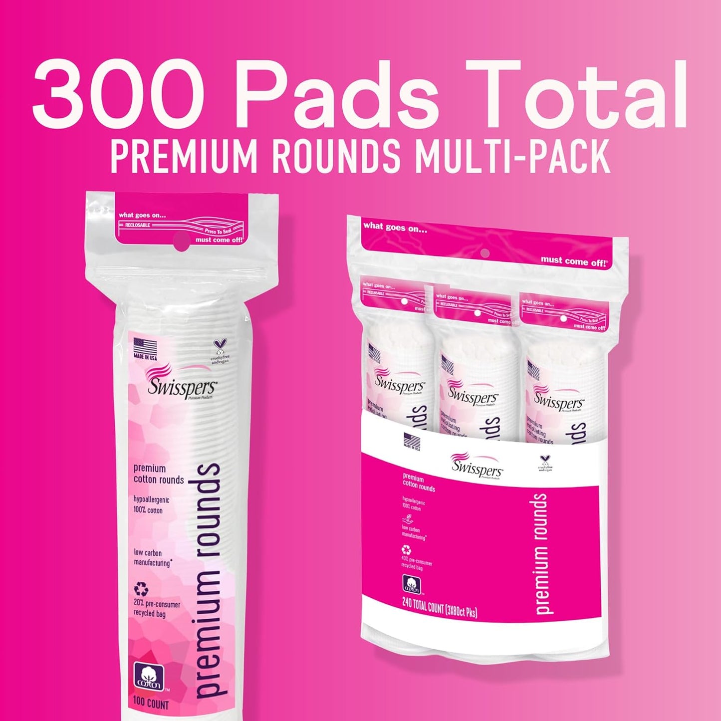 Swisspers Premium Cotton Rounds, Dual Sided Pads - 100 Pads (Pack of 3) - 100% Pure Chlorine-Free Cotton, Hypoallergenic & Dermotologist Tested - Cotton Pads for Makeup & Nail Polish Removal