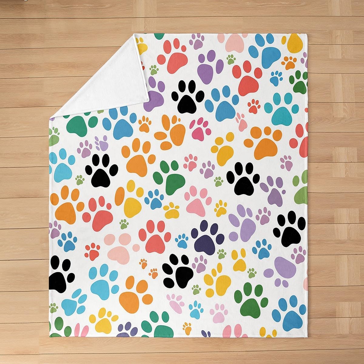 Castle Fairy Colorful Dog Paw Flannel Blanket Queen 90"x90",Puppy Dog Lover Fleece Throw Blankets for Couch Bed,Cute Pet Footprinted Fuzzy Blanket for Kids Girls Woman Teens