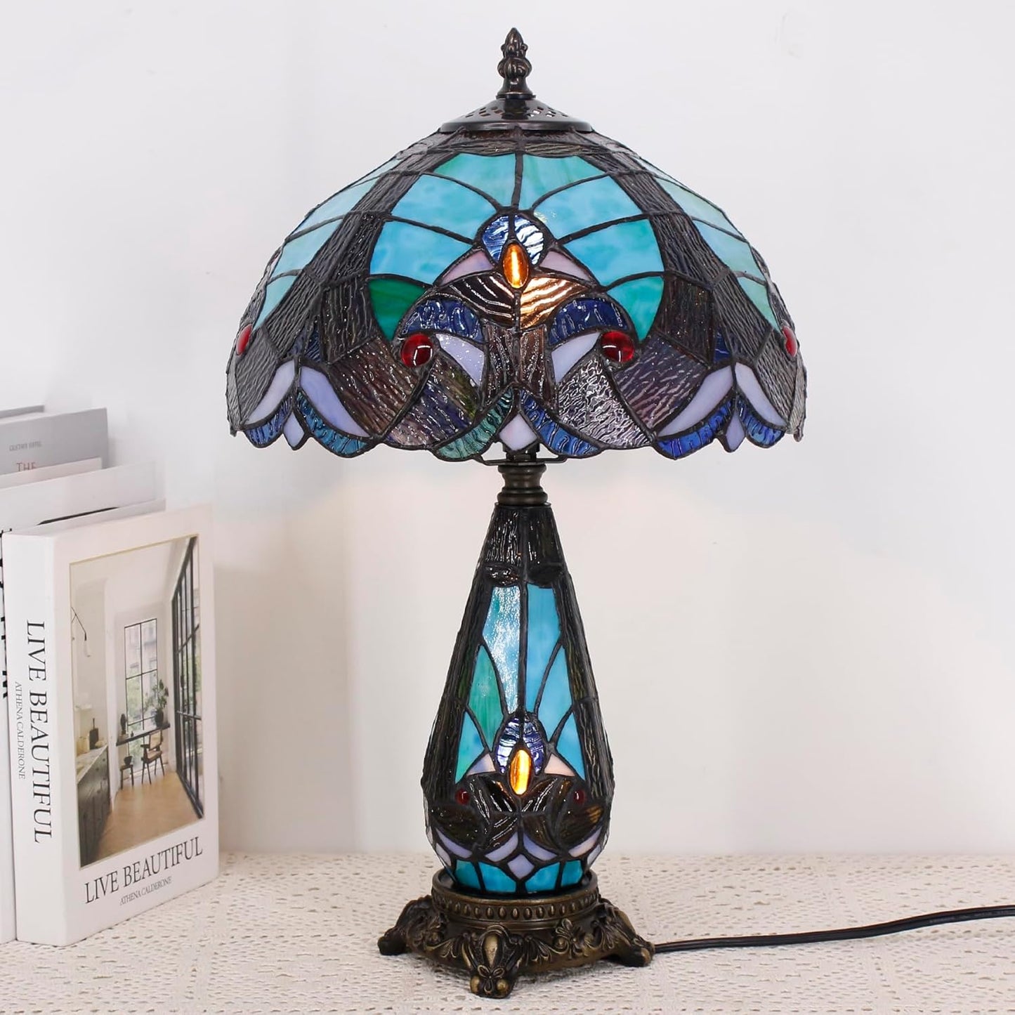Tiffany Lamp Stained Glass Table Lamp 12X19 Inches Mother Daughter Vase Desk Accent Night Light for Bedroom Bedside Reading Home Antique Style (Green Liaison)