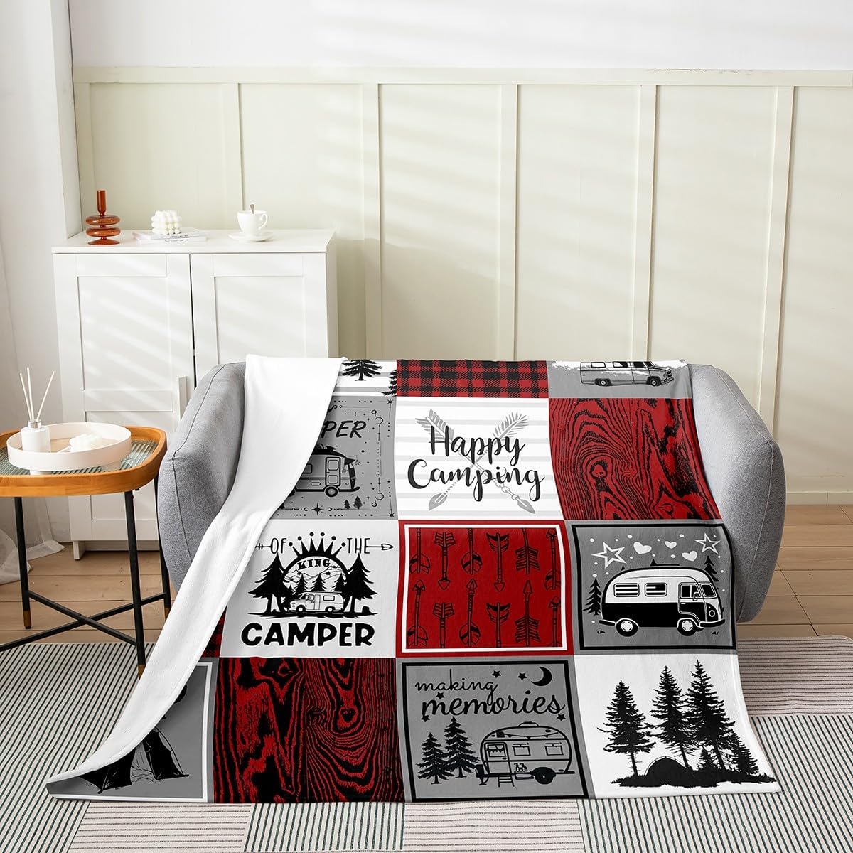 Erosebridal Camper Car Fleece Blanket,Red Grey Checkered Grid Blanket for Adults Men Women,Happy Camping Throw Blanket,Rustic Farmhouse Style Fuzzy Blanket,40x50 Warm All Season