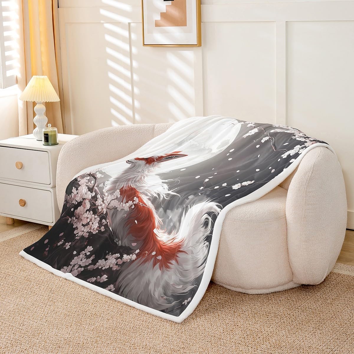 Manfei Japanese Fox Kids Throw Blanket,Japan Ukiyoe Cherry Blossom Moonnight Bed Blanket for Boys Girls,Wild Animal Retro Fleece Blanket,Grey White Fuzzy Blanket,Queen Size (90 x 90 Inches)