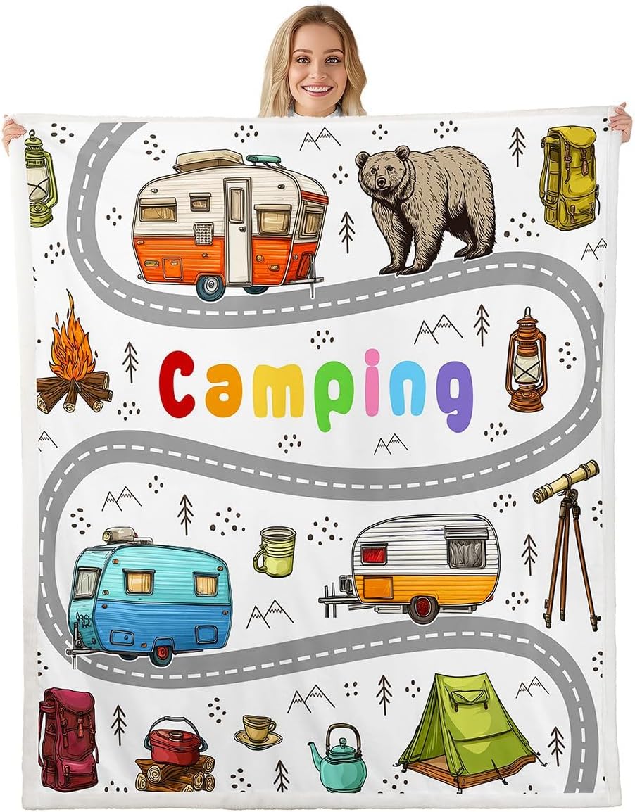 Feelyou Cute Rv Camping Camper Sherpa Throw Blanket for Couch Wildlife Animal Bear Super Soft Cozy Fleece Camping Adventure Blanket for Winter, Plush Throw Throw 50"x60" All Season