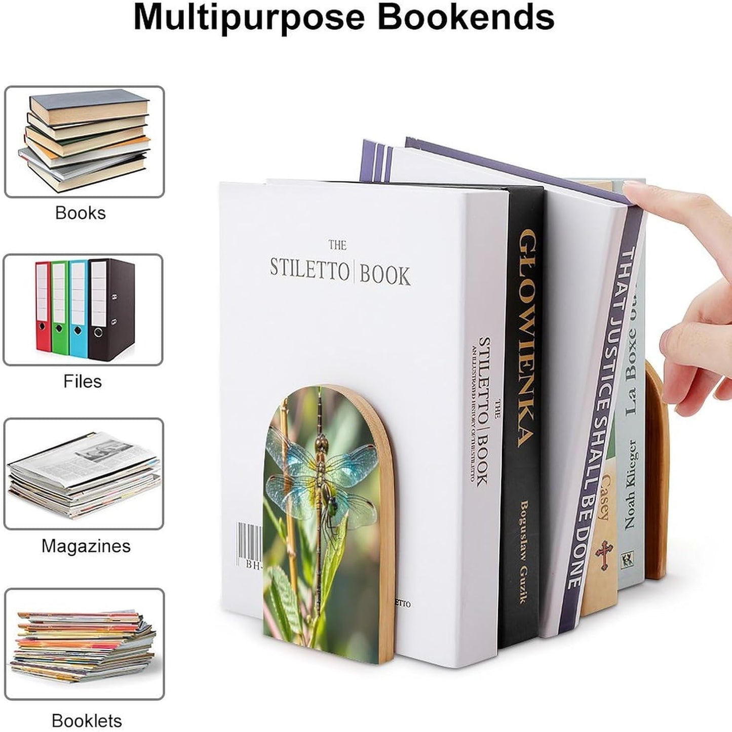 Colorful Dragonfly Bookends 1 Pair Heavy Duty Book Ends for Shelves Non-Skid Bookend Supports Wooden Book Holders with Metal Base Desk Organizers Books Storage to Hold Books