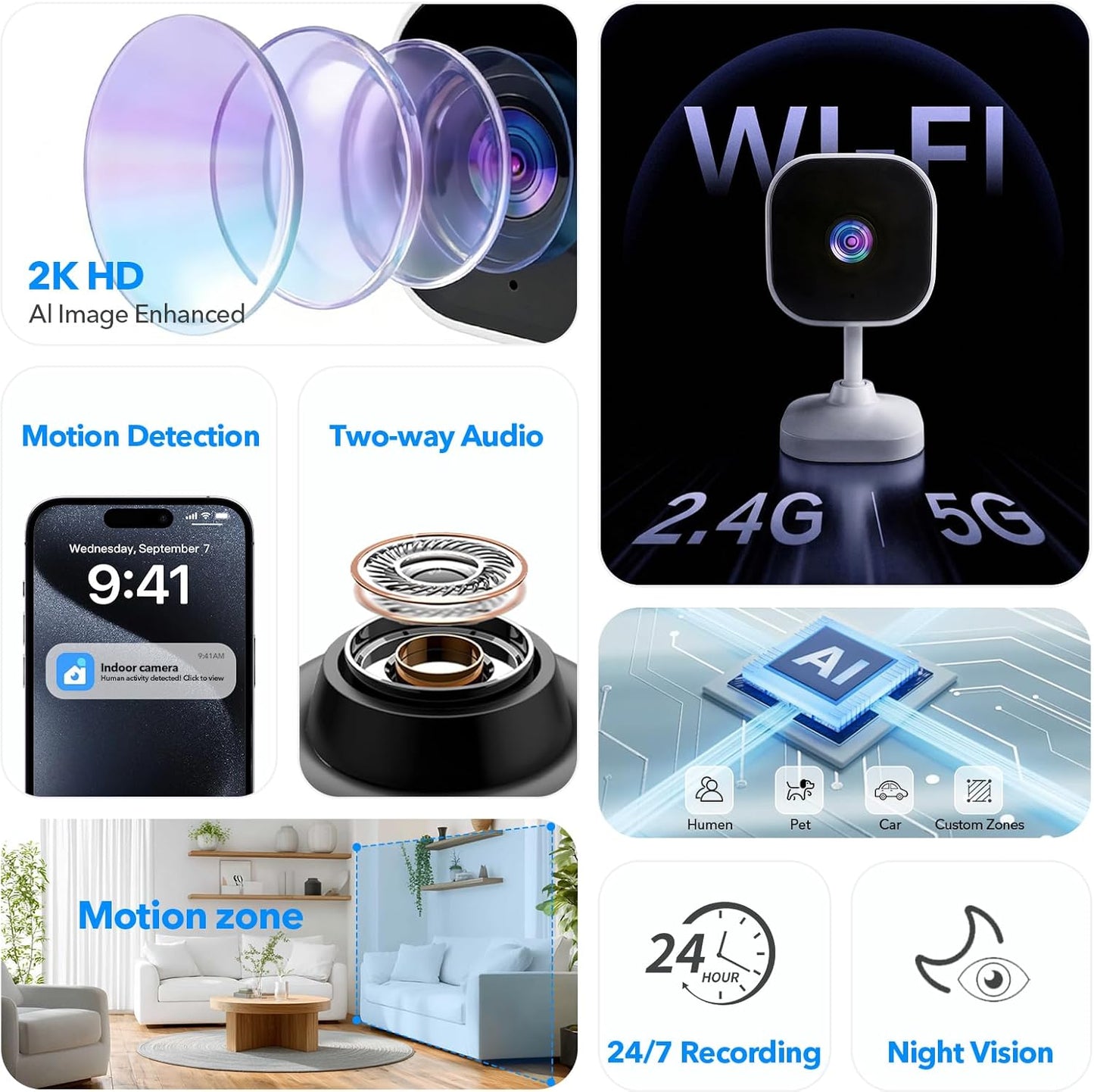2K Cameras for Home Security Dual-Band 5G/2.4GHz WiFi Security Indoor Camera for Baby Pet Dog Cat Elder AI Motion Detect 2-Way Audio Night Vision 24/7 Local Recording SD Cloud Storage 2 Pack