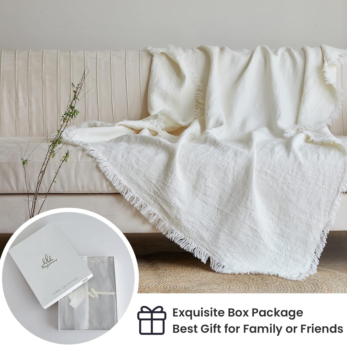 100% Linen Throw Blanket with Fringe for Couch/Bed/Sofa/Gift, Natural Washed Flax Solid Color Soft Breathable Cozy Farmhouse Boho Home Décor - White, 55"x75"
