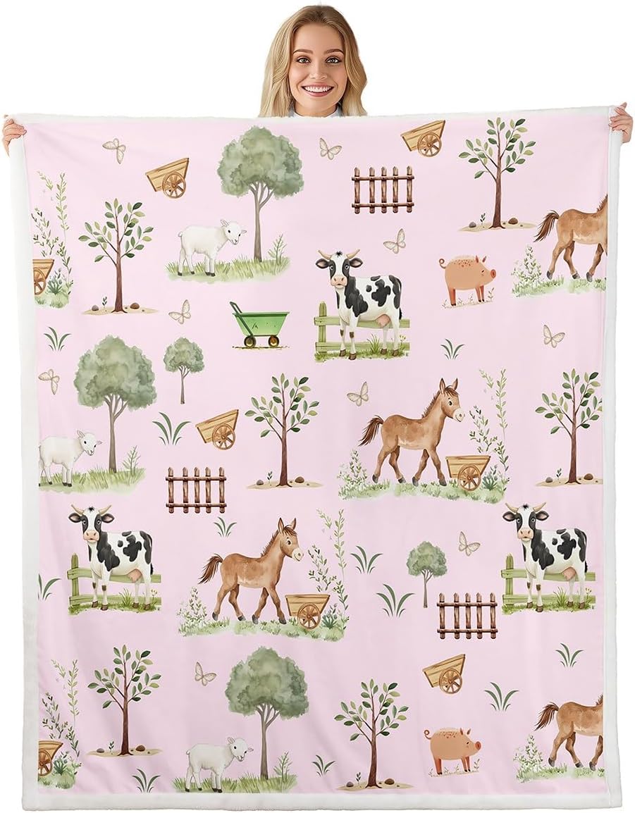 Erosebridal Baby Blankets for Unisex Boys Girls,Farm Animal Nursery Minky Blankets Pink Cartoon Animals Fleece Blanket Rustic Farmhouse Cute Horse Sheep Cow Pig Woodland Trees Fuzzy Plush Throw 40x50