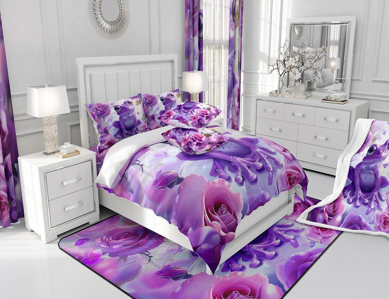 Manfei Cute Frog Kids Throw Blanket Purple Flower Frog Blanket for Couch Sofa, Cartoon Wildlife Floral Bed Blanket for Girls Adults Room Decor, Soft and Breathable Fleece Blanket(60 x 80 Inches)