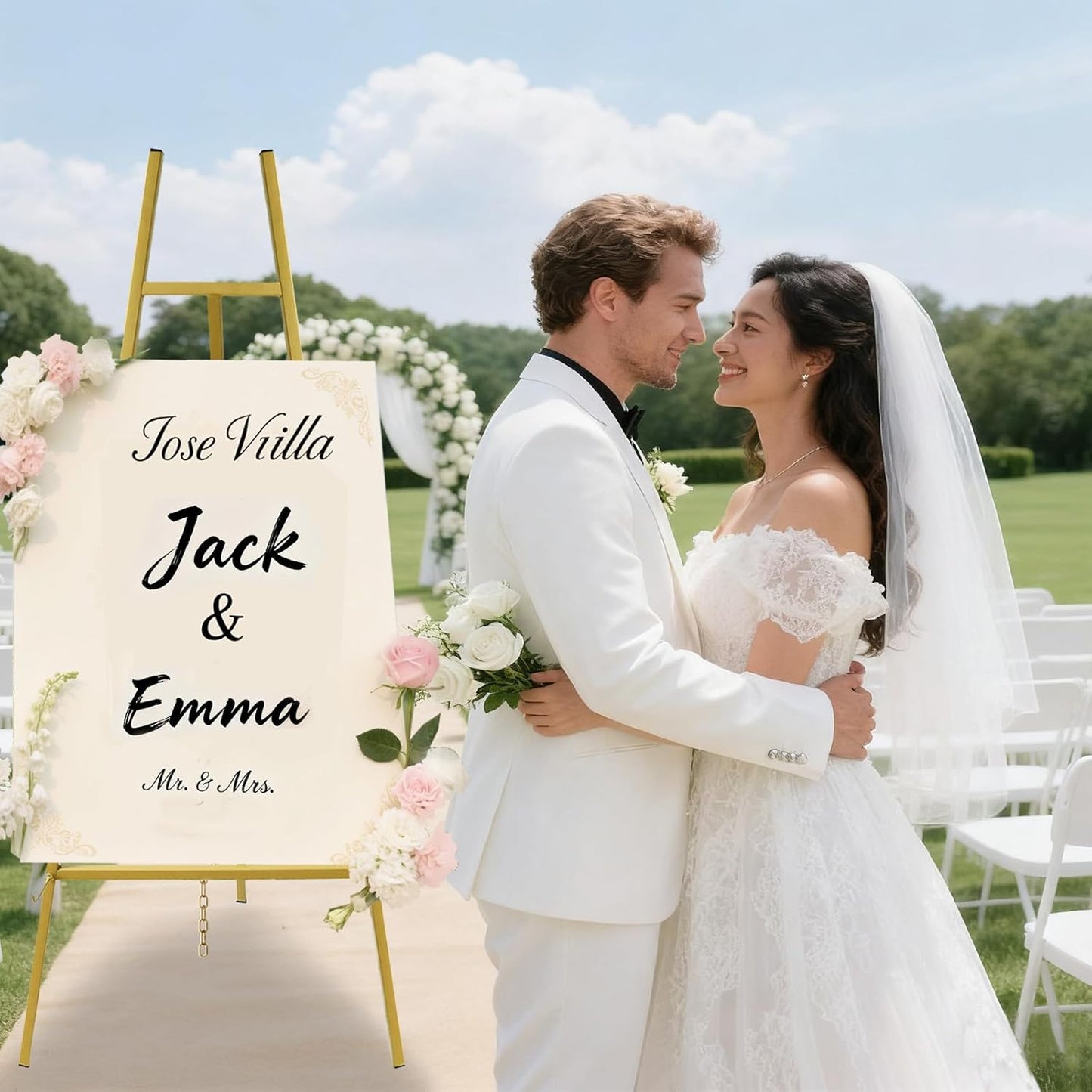 43.5" Gold Easel Stand for Sign,4-Level Height Display Easel with Adjustable chain,Easy-to-Install Metal Easel for Painting,Wedding Sign,Poster,Commercial Display