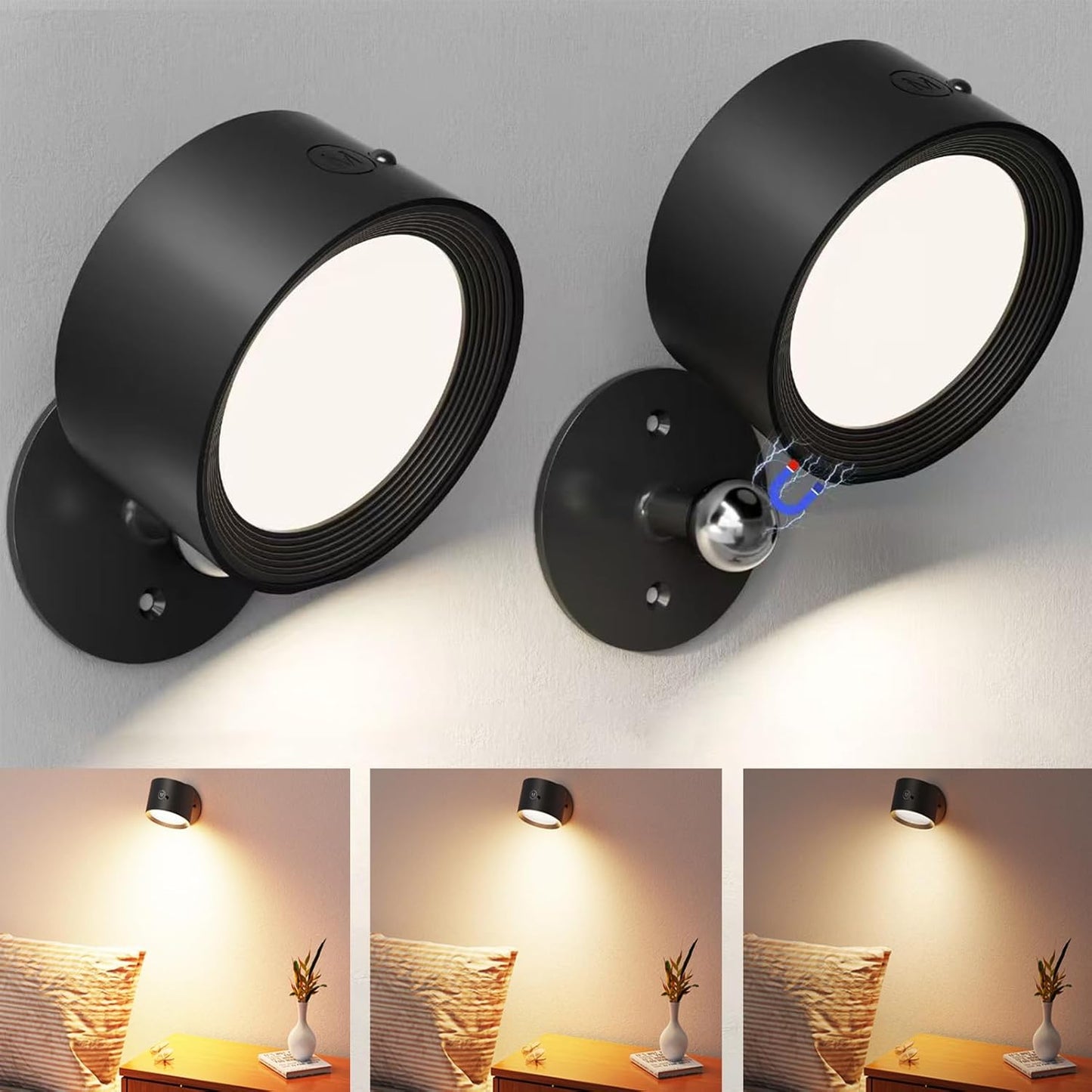 LED Reading Lights, Rechargeable USB Wall Mounted Sconces 3 Color Temperatures, 360° Rotate Magnetic Ball LED Wall Mounted Cordless Lamp for Reading Bedroom Bedside