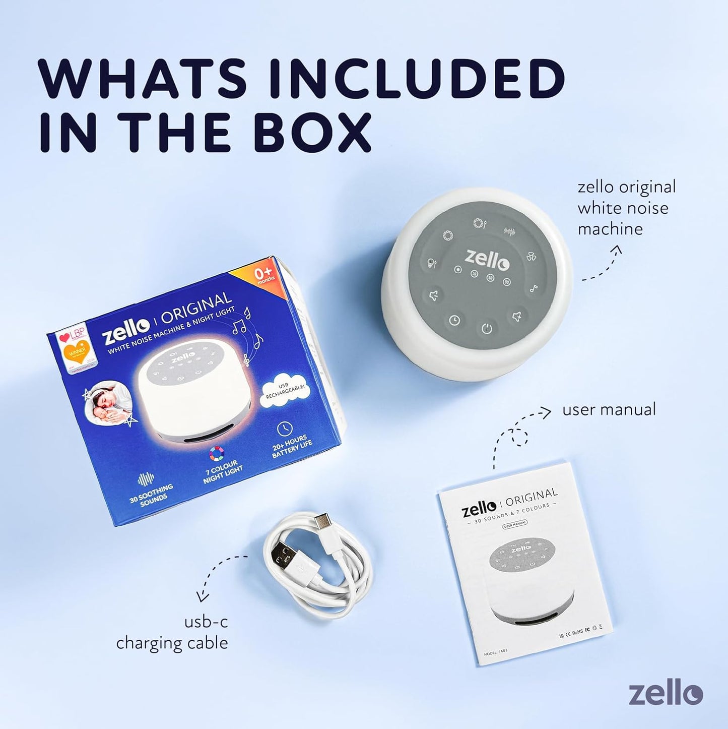Zello | Original White Noise Machine for Babies & Adults | 30 Sounds | 7 Colour Night Light | Sleep Timer | USB Rechargeable | White Noise Machine Baby | Sleep Aid