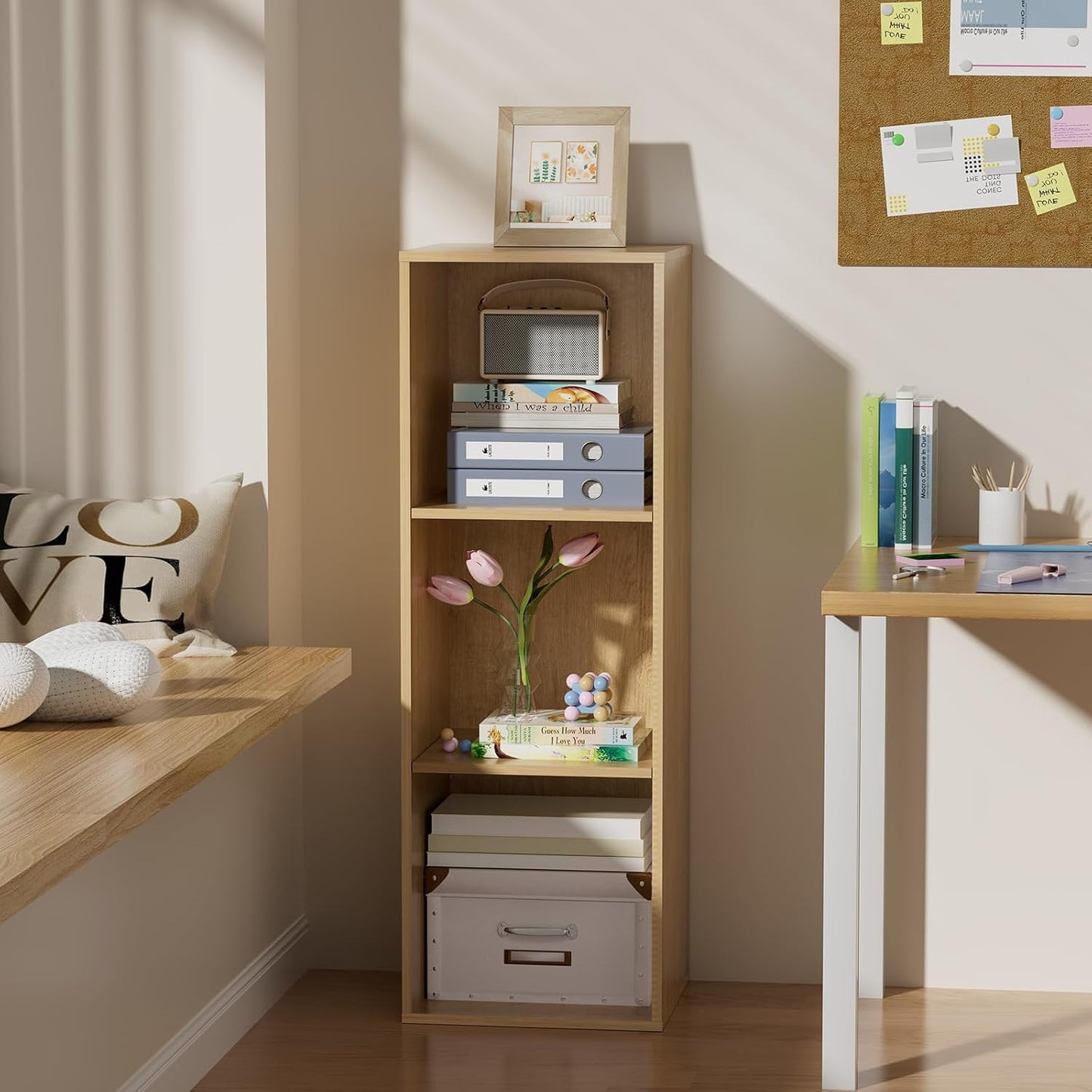 3 Tier Bookshelf, Narrow Bookcase for Small Spaces, Wooden Book Case Bookshelves Storage Organizer for Bedroom Living Room Home Office (Oak, 3 Cube)