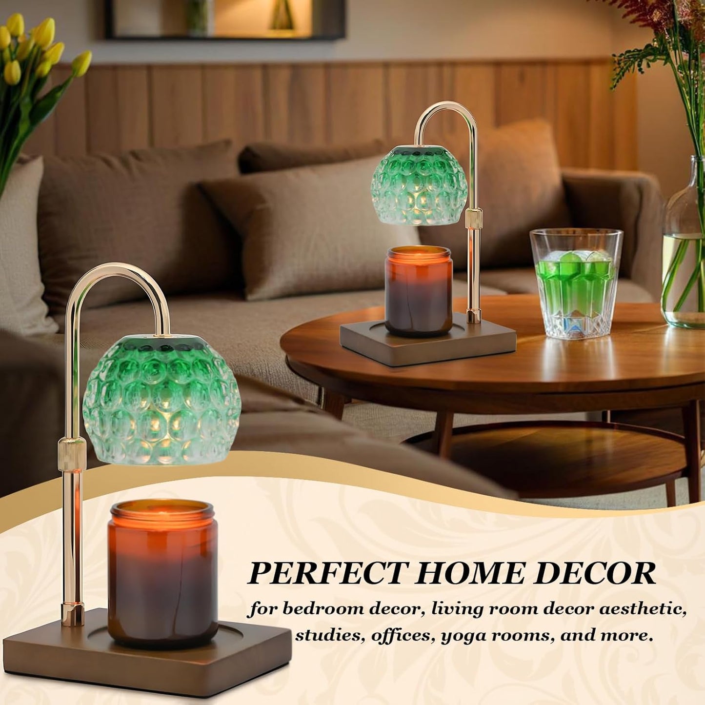 Candle Warmer Lamp Timer - Christmas Gifts for Women Mom, House Warming Gifts New Home Decor Modern Farmhouse Decor, Glass Candle Warmer Wax Melt with 2 Bulbs Green