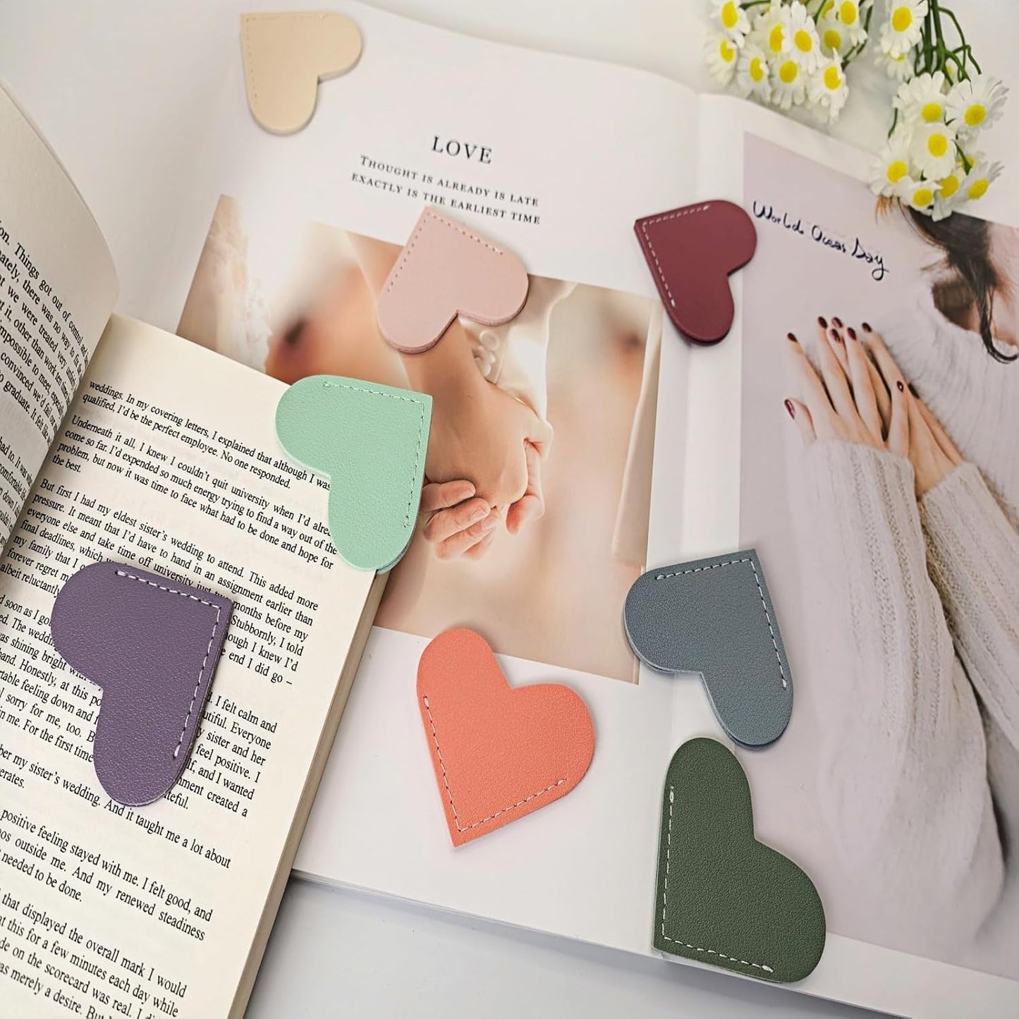 Leather Heart Bookmarks - OOEOO 8 Pieces Cute Corner Page Book Marks Gifts for Reading Women Teachers Students Book Lovers, for School Office Home Supplies(8PC Colors A)